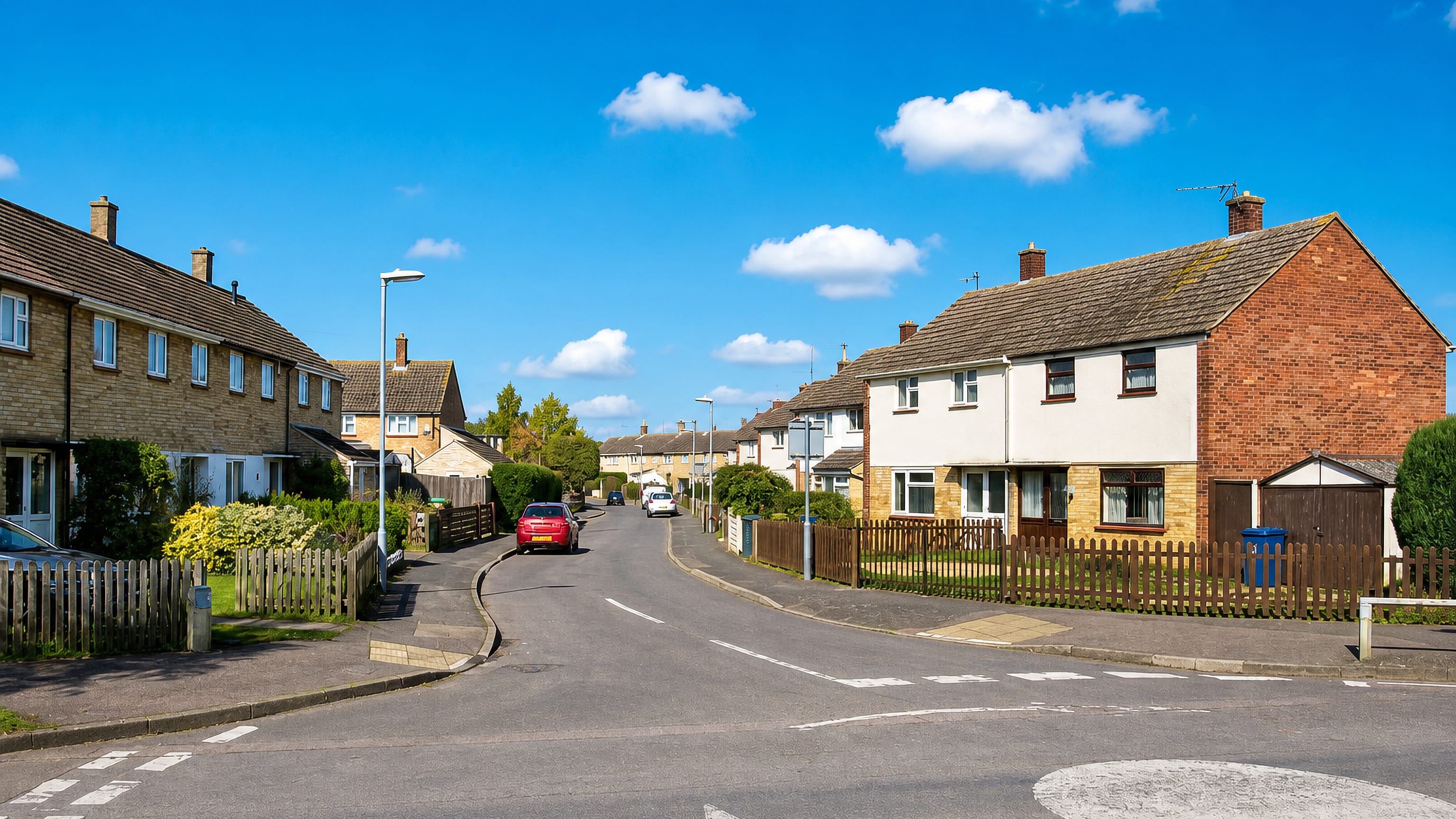 Post-war brick and render semi-detached houses on a quiet residential street in Arbury, Cambridge.