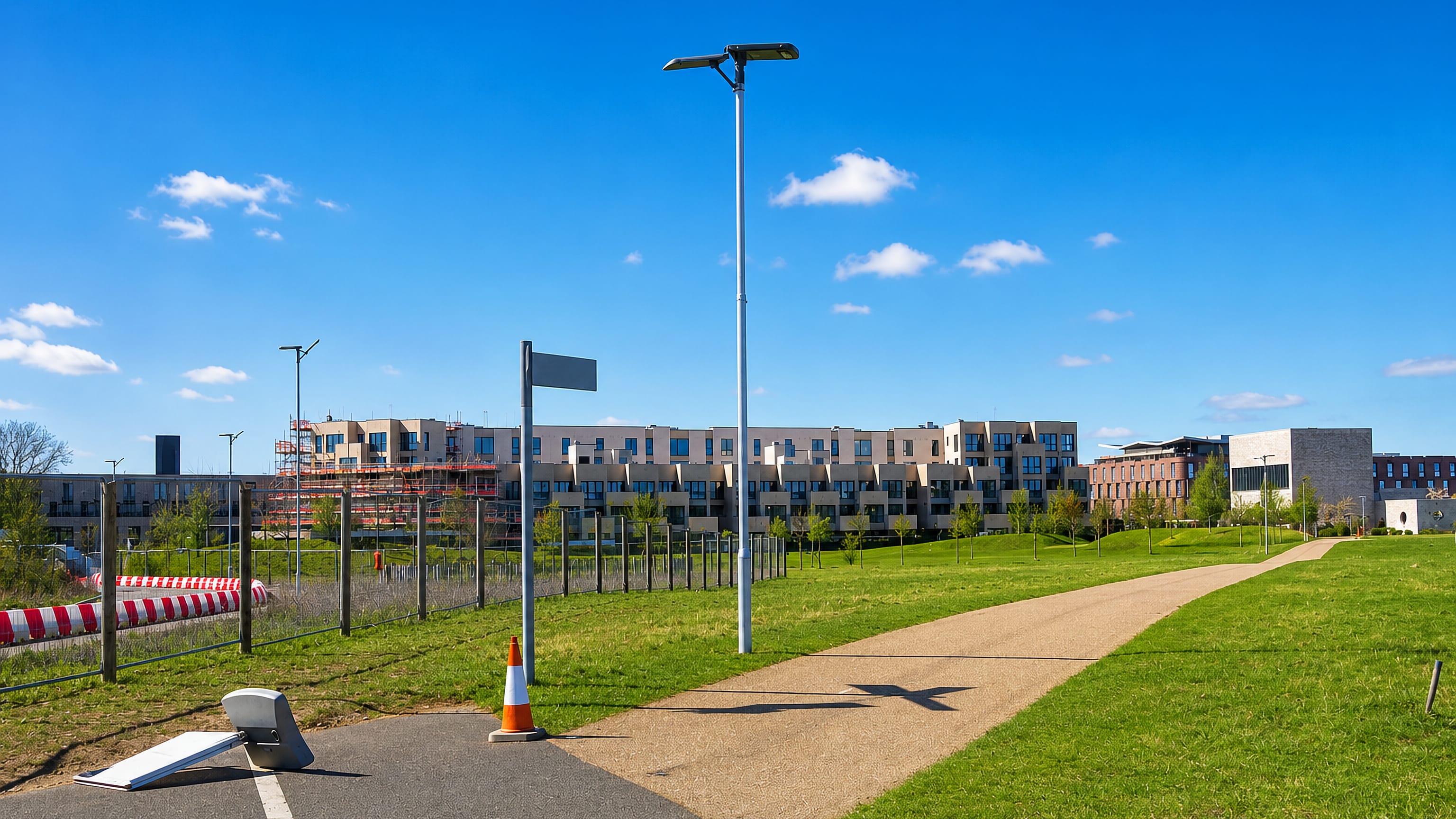 New buff-brick apartment terraces and open parkland at Eddington, Cambridge, with construction under way.