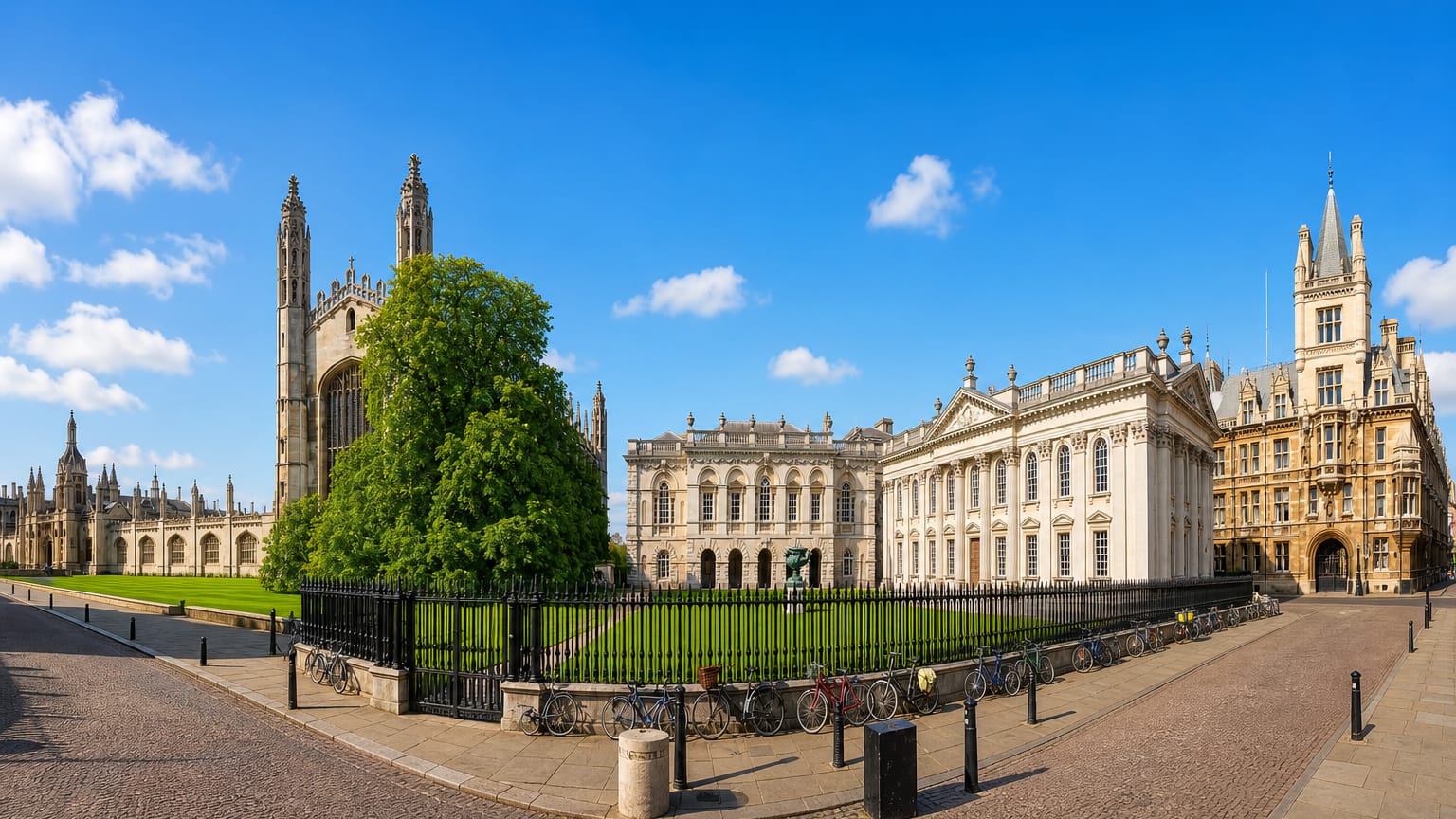 King's College Chapel and the neoclassical Senate House in central Cambridge, England, under a clear blue sky.