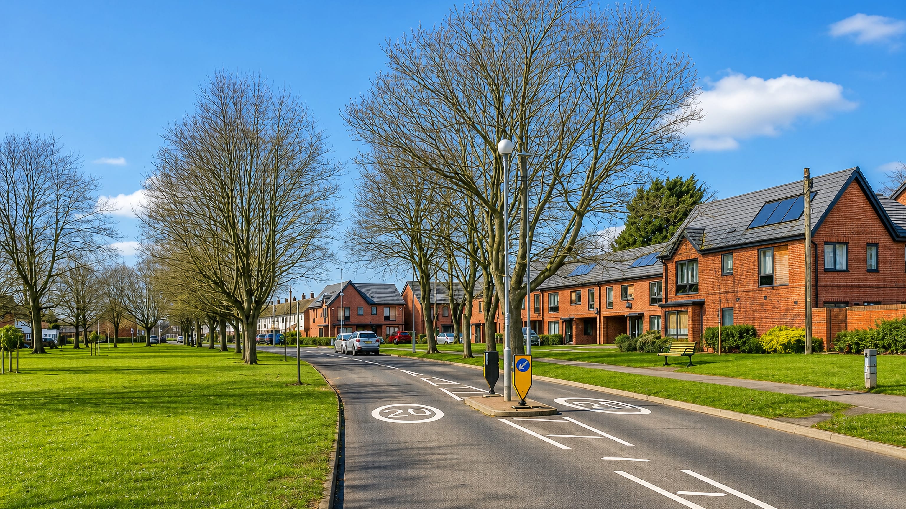Wide tree-lined residential road past grass verges and brick houses in King's Hedges, Cambridge.