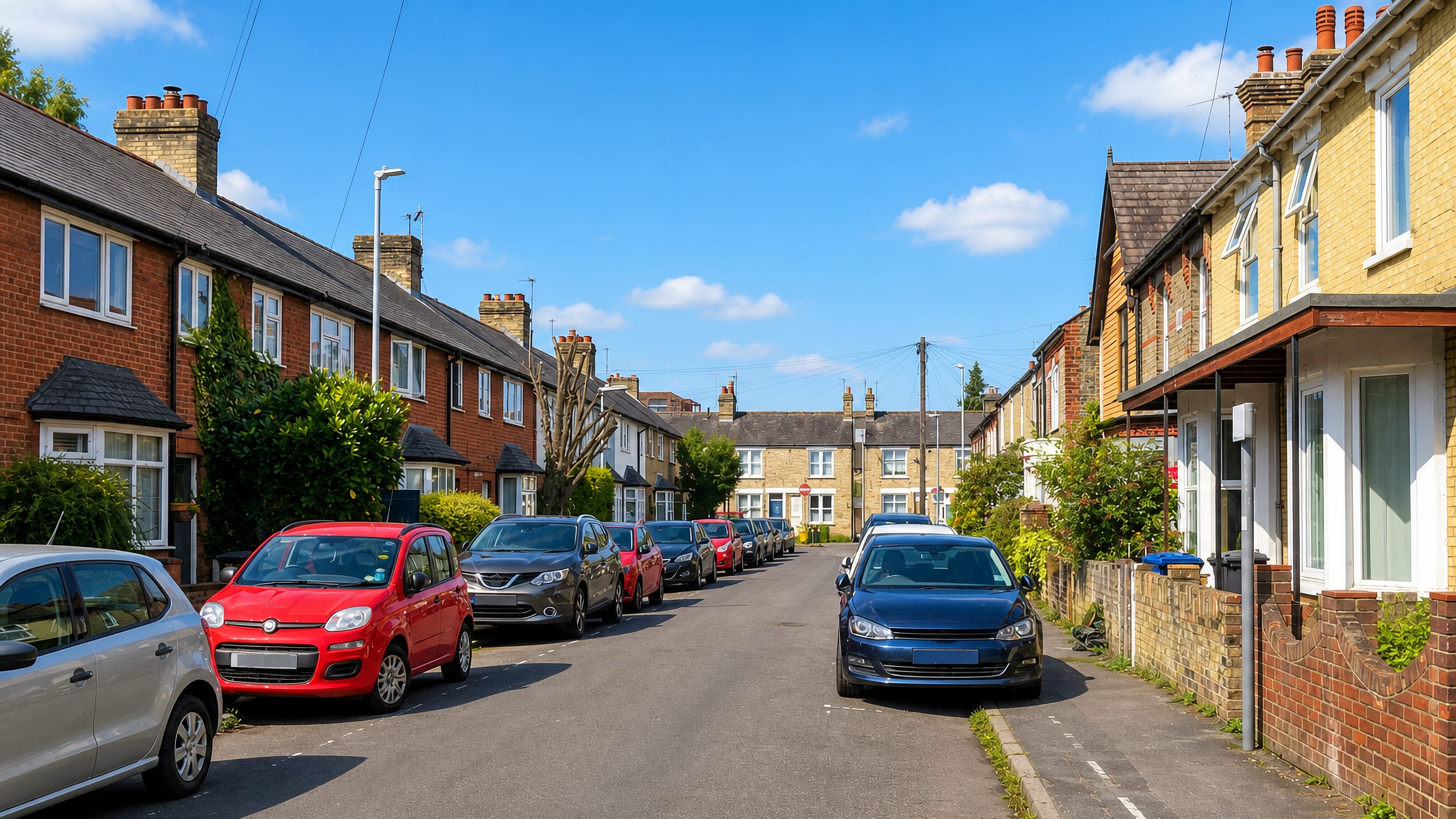 Victorian brick terraces and parked cars along a residential street in Romsey Town, Cambridge.