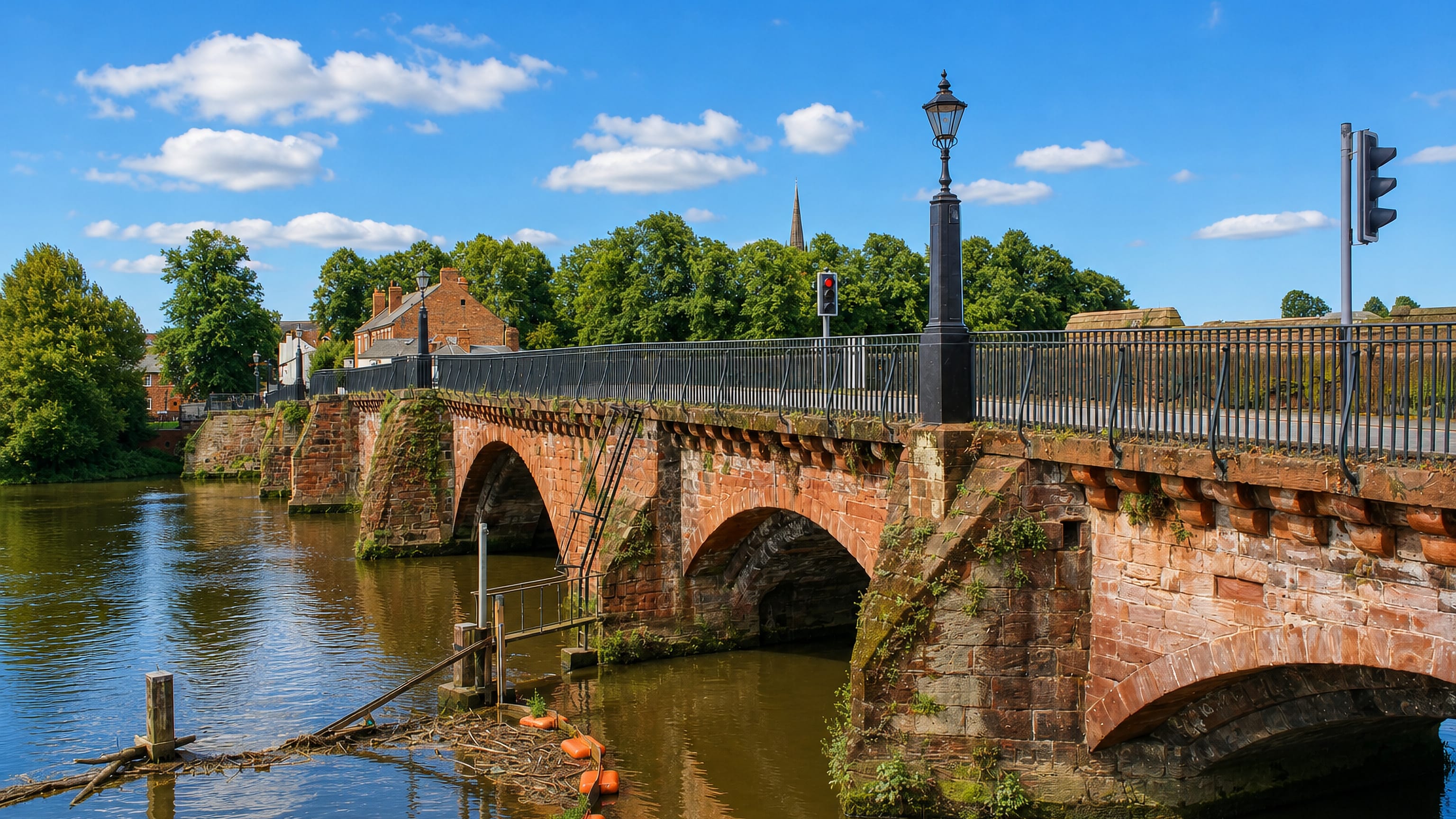 The red sandstone Old Dee Bridge crossing the River Dee into Handbridge, Chester.