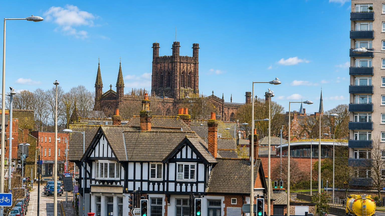 Chester Cathedral's sandstone tower rising above a black-and-white Tudor building on a sunny city street