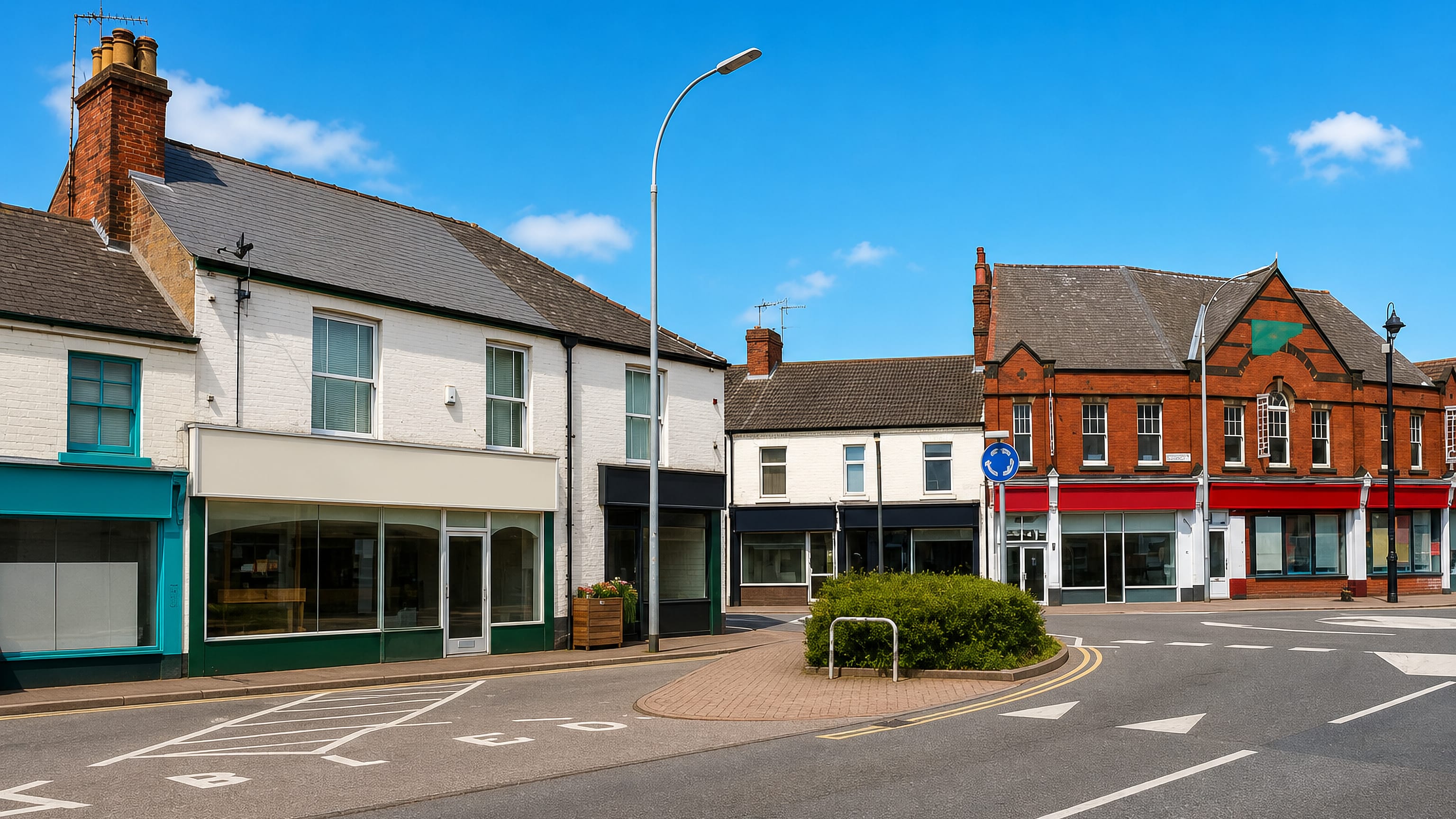 Shopfronts and a red-brick corner building at the road junction in Hasland, Chesterfield.