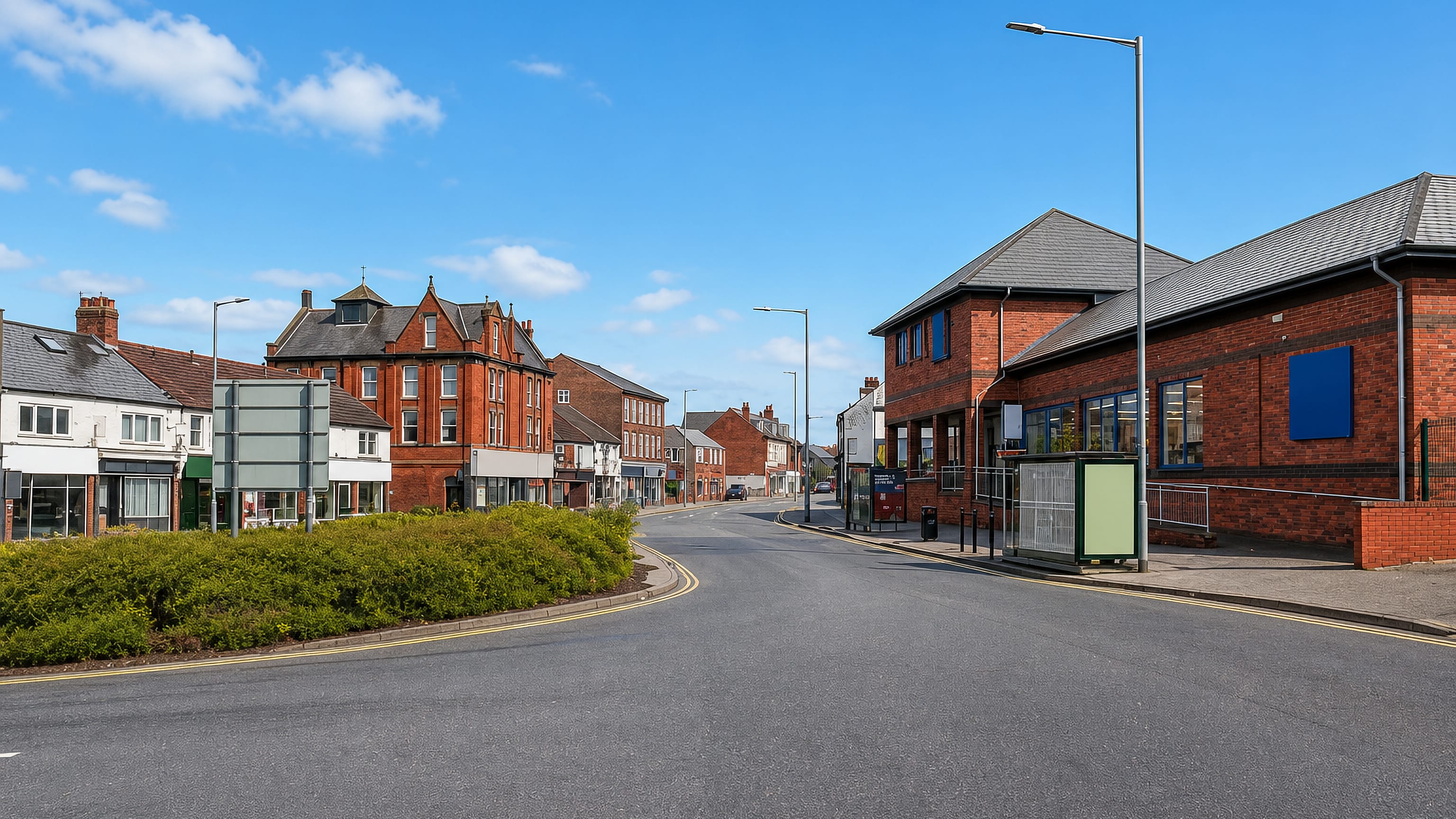 Shops, a Victorian corner block and a bus stop along the main road at Whittington Moor, Chesterfield.