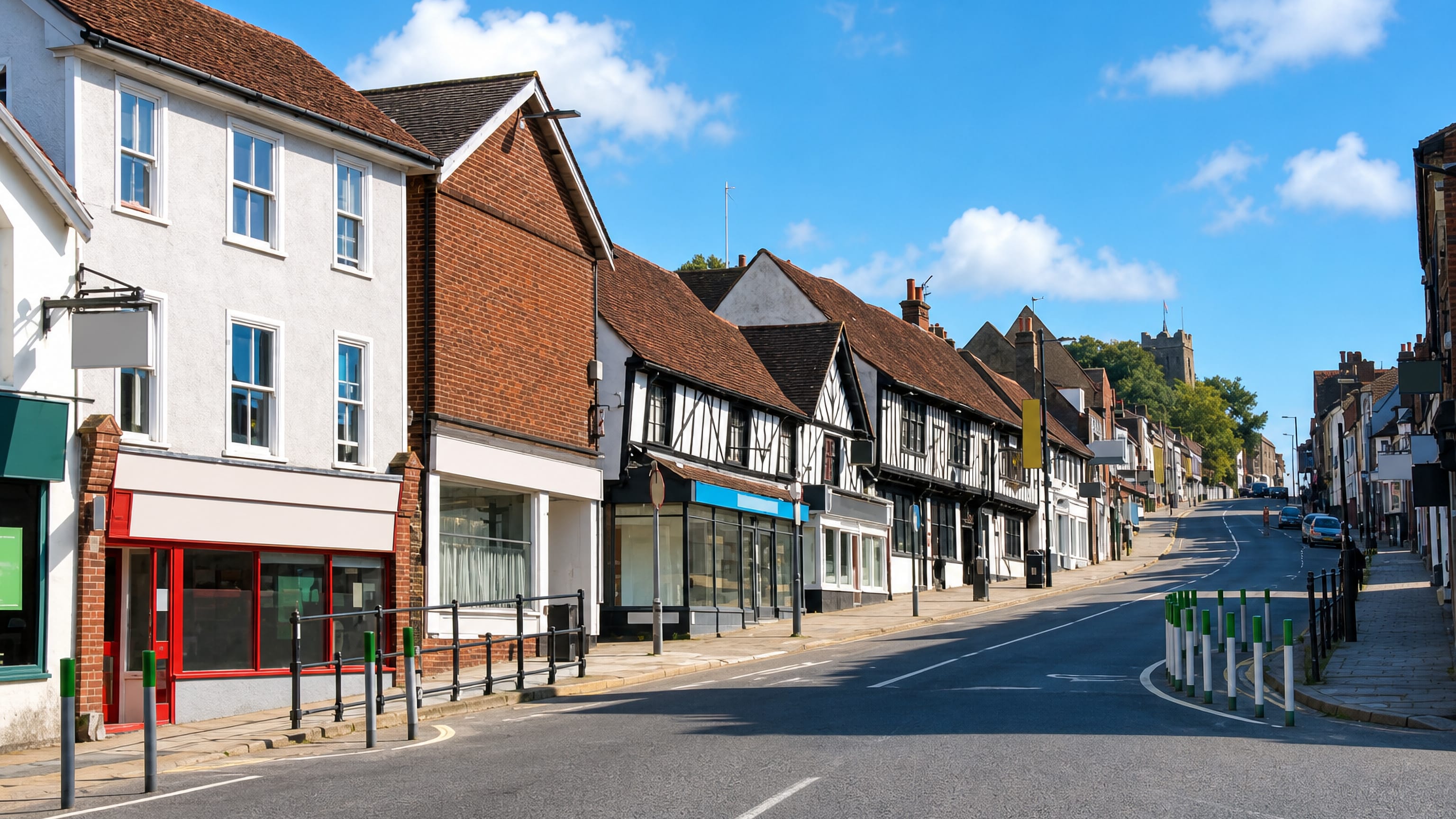 Timber-framed and brick shopfronts line a sloping street in Colchester, England, under a bright sky.
