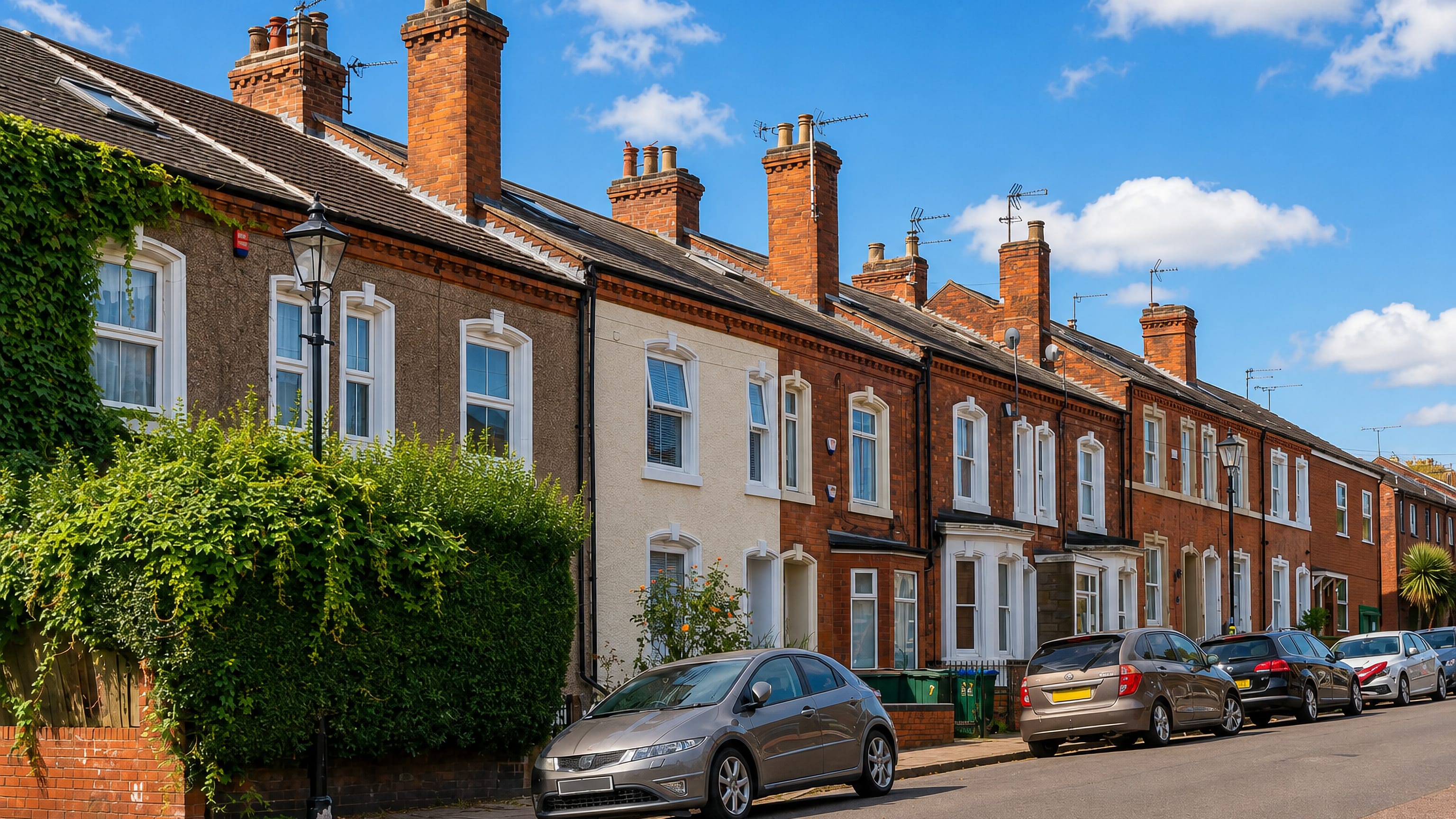 Red-brick Victorian terraces with tall chimneys along a sunlit street in Chapel Fields, Coventry.