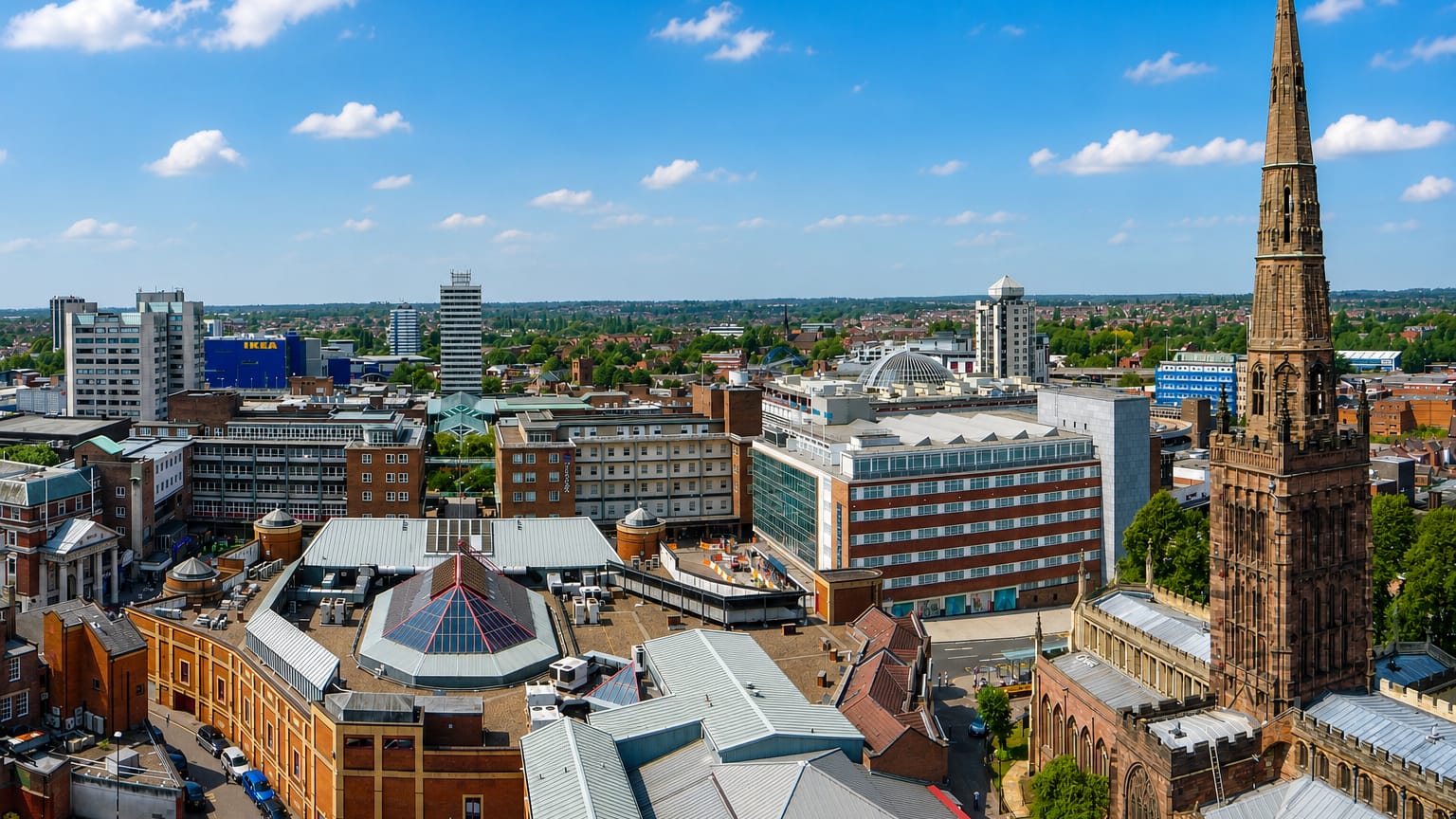 Coventry city centre rooftops beneath the tall Gothic cathedral spire under a bright blue sky