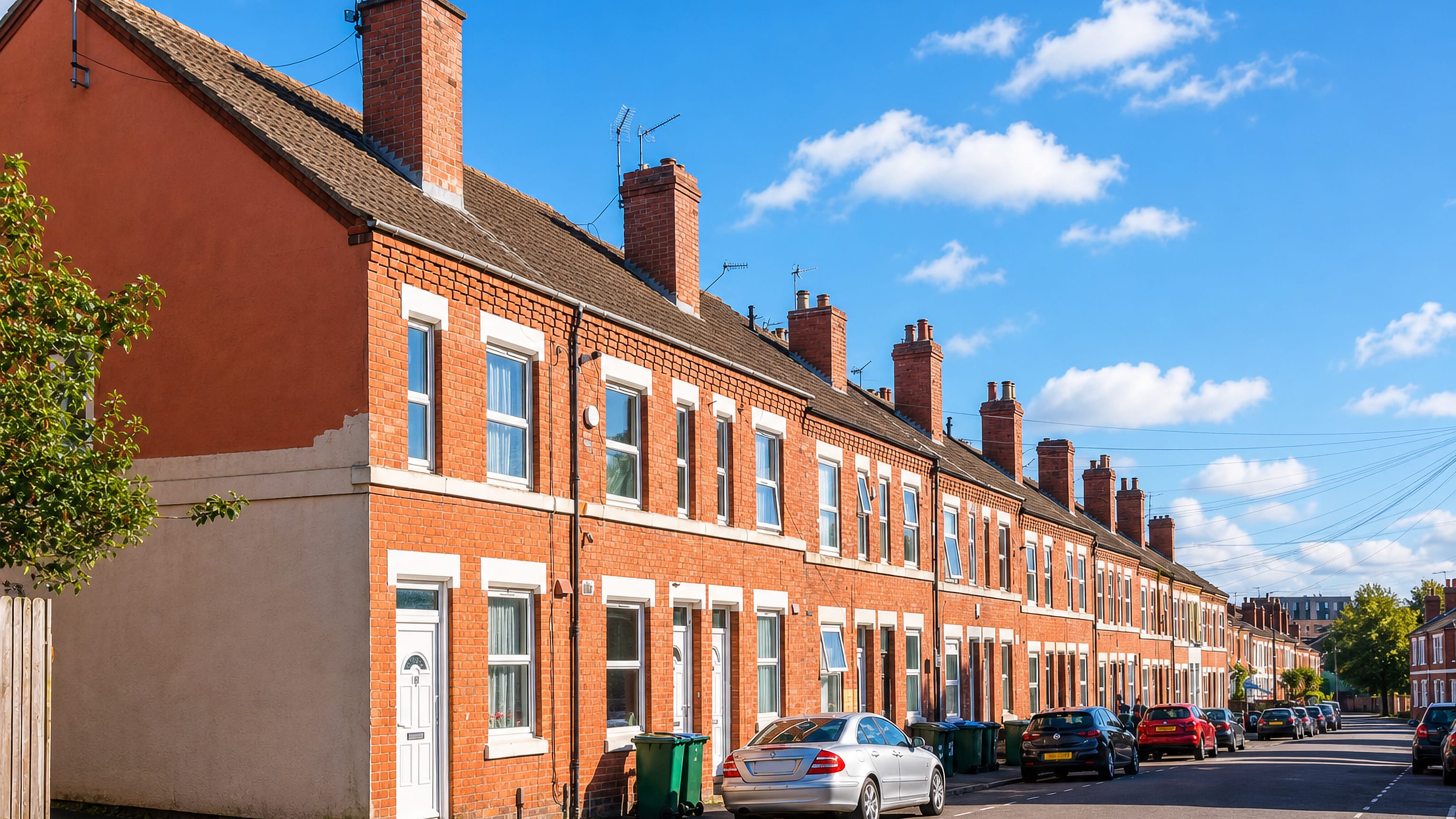 A red-brick Victorian terrace running down a sunlit street in Hillfields, Coventry.