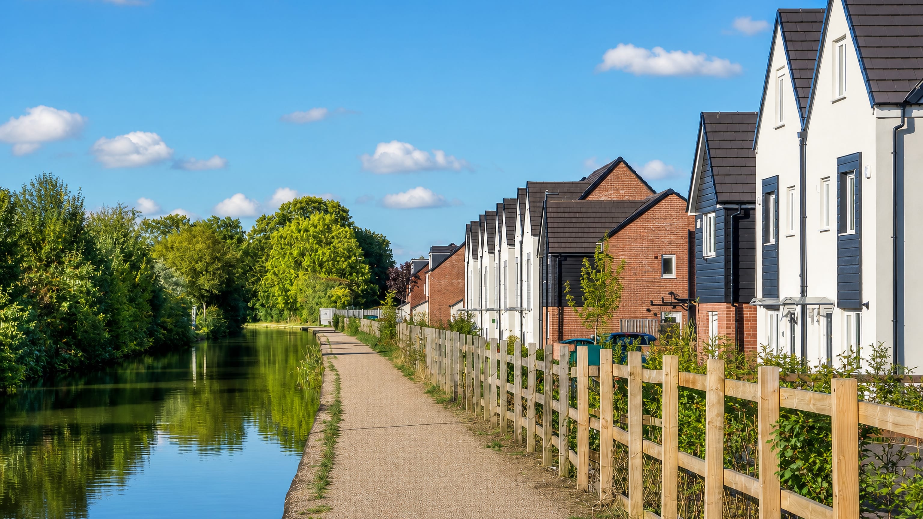 Canal towpath beside new white-and-brick housing at Little Heath, Coventry.