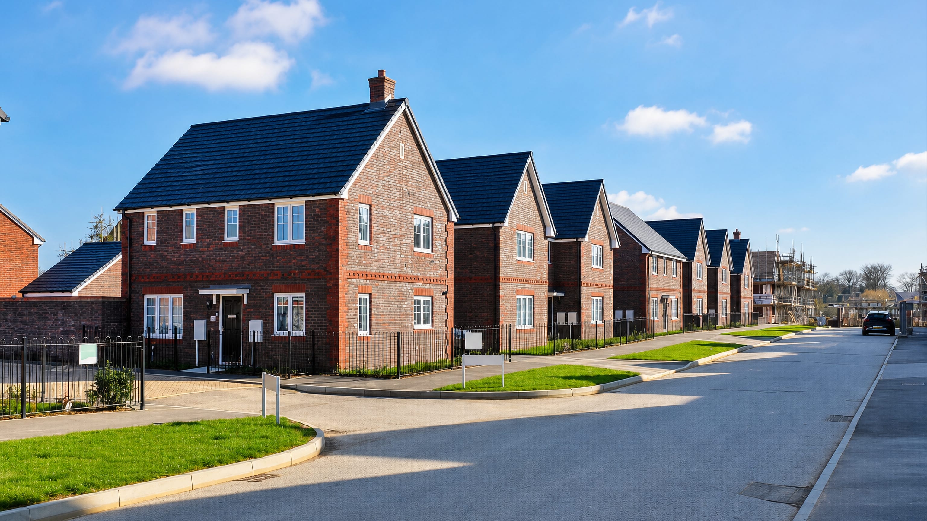 Newly built red-brick houses along a wide street on the Forge Wood estate, Crawley