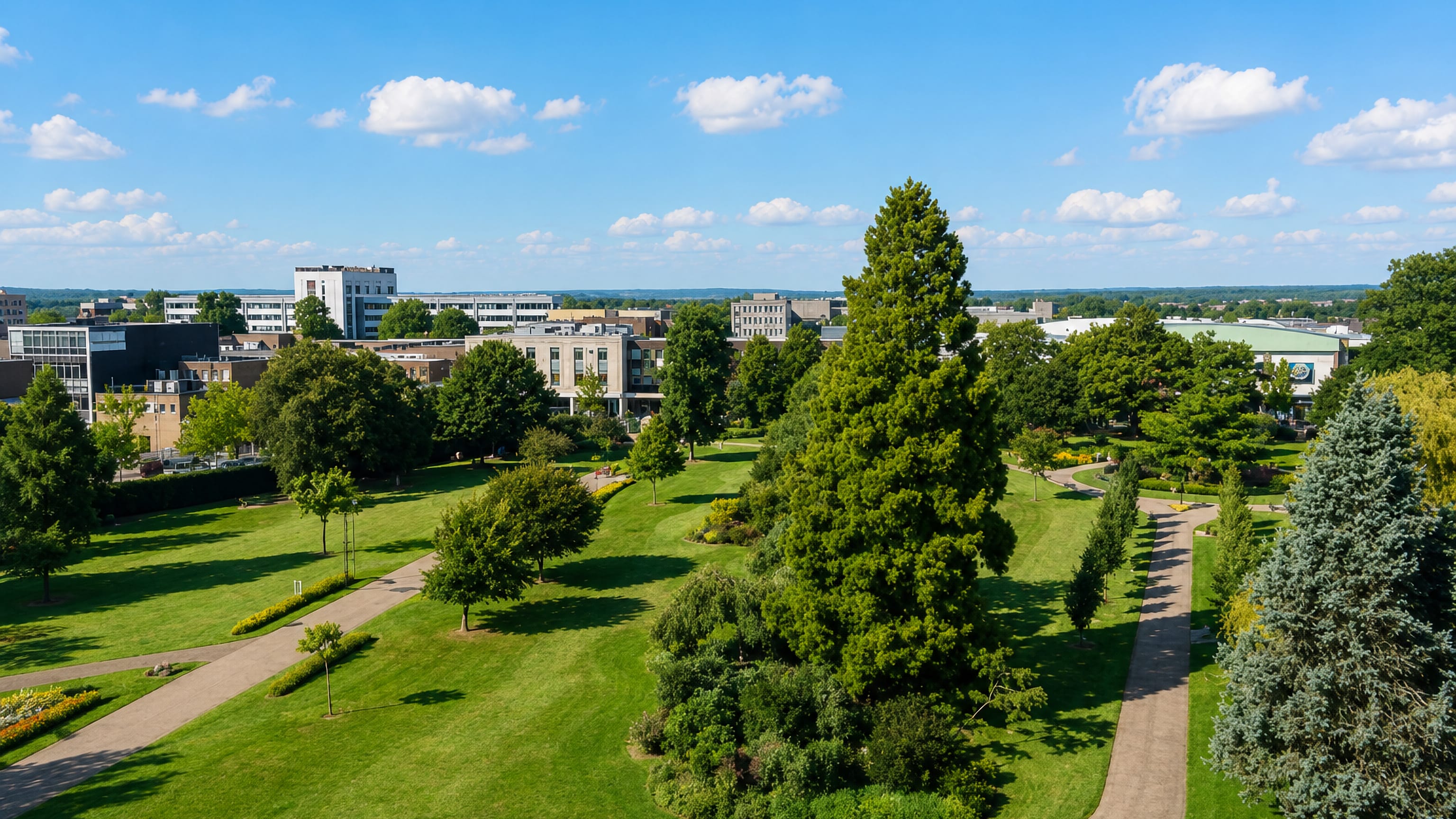 Crawley's town-centre park, with lawns, mature conifers and low-rise buildings beyond, under a clear summer sky.