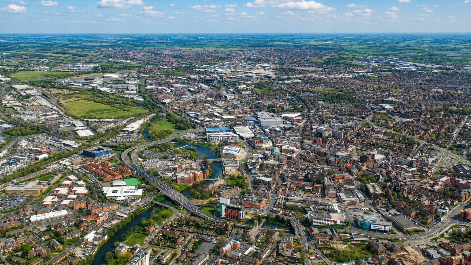 Aerial view of Derby, the River Derwent winding past mixed housing, industry and a ring road under blue sky