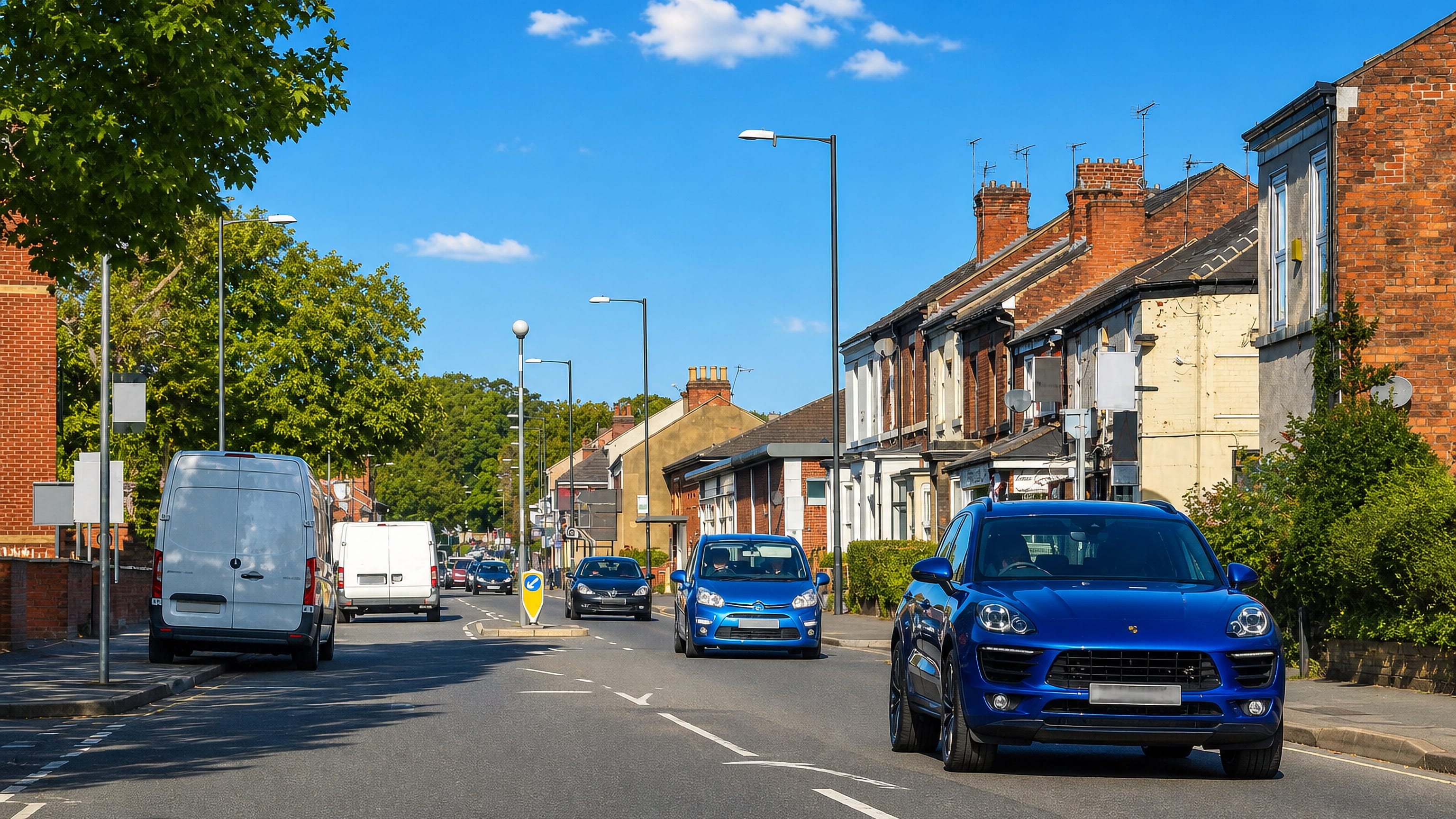 Traffic on a terraced main road through Markeaton, Derby