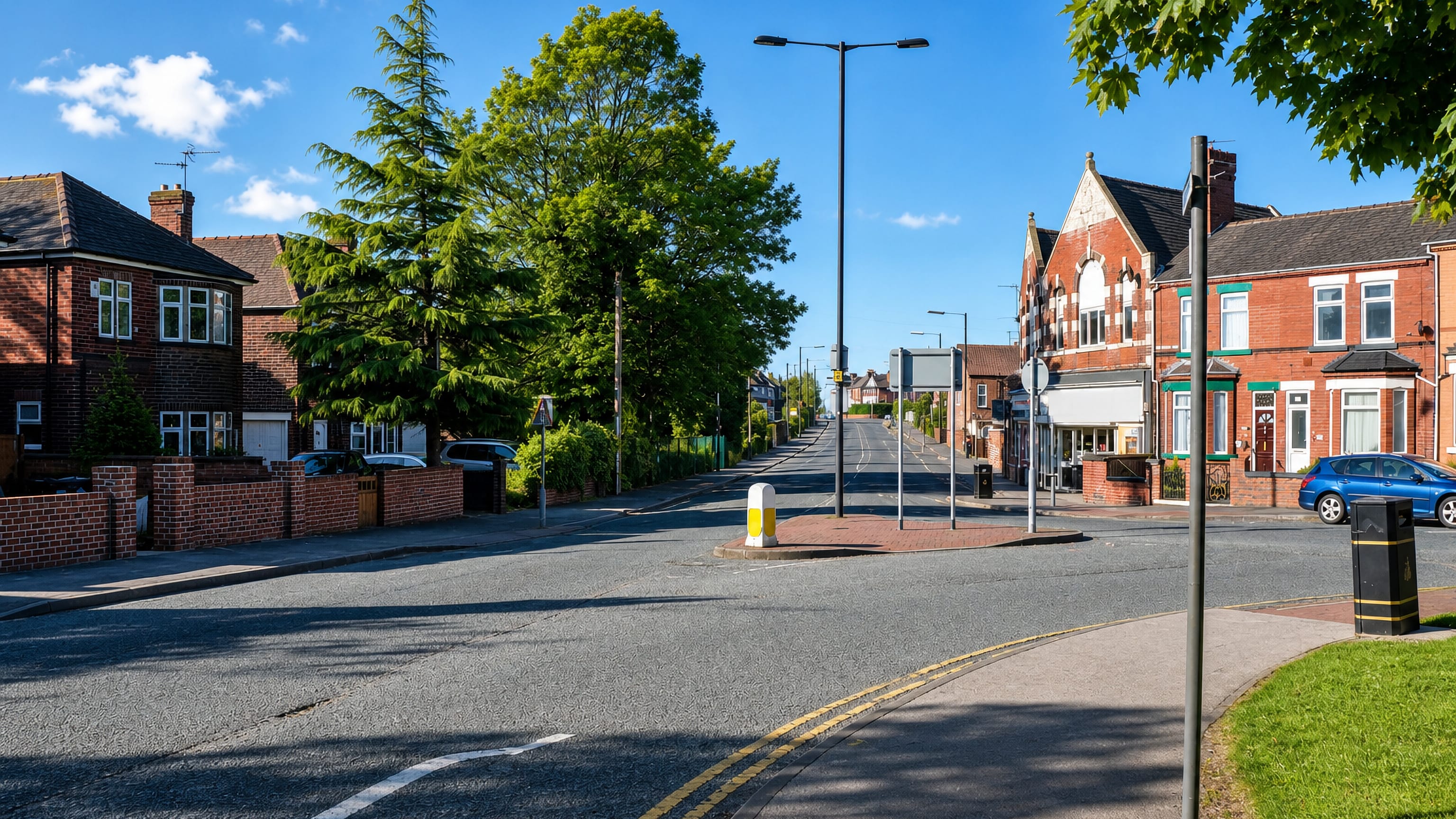 A quiet residential road through Balby, Doncaster, lined with red-brick terraces, shops and mature trees.