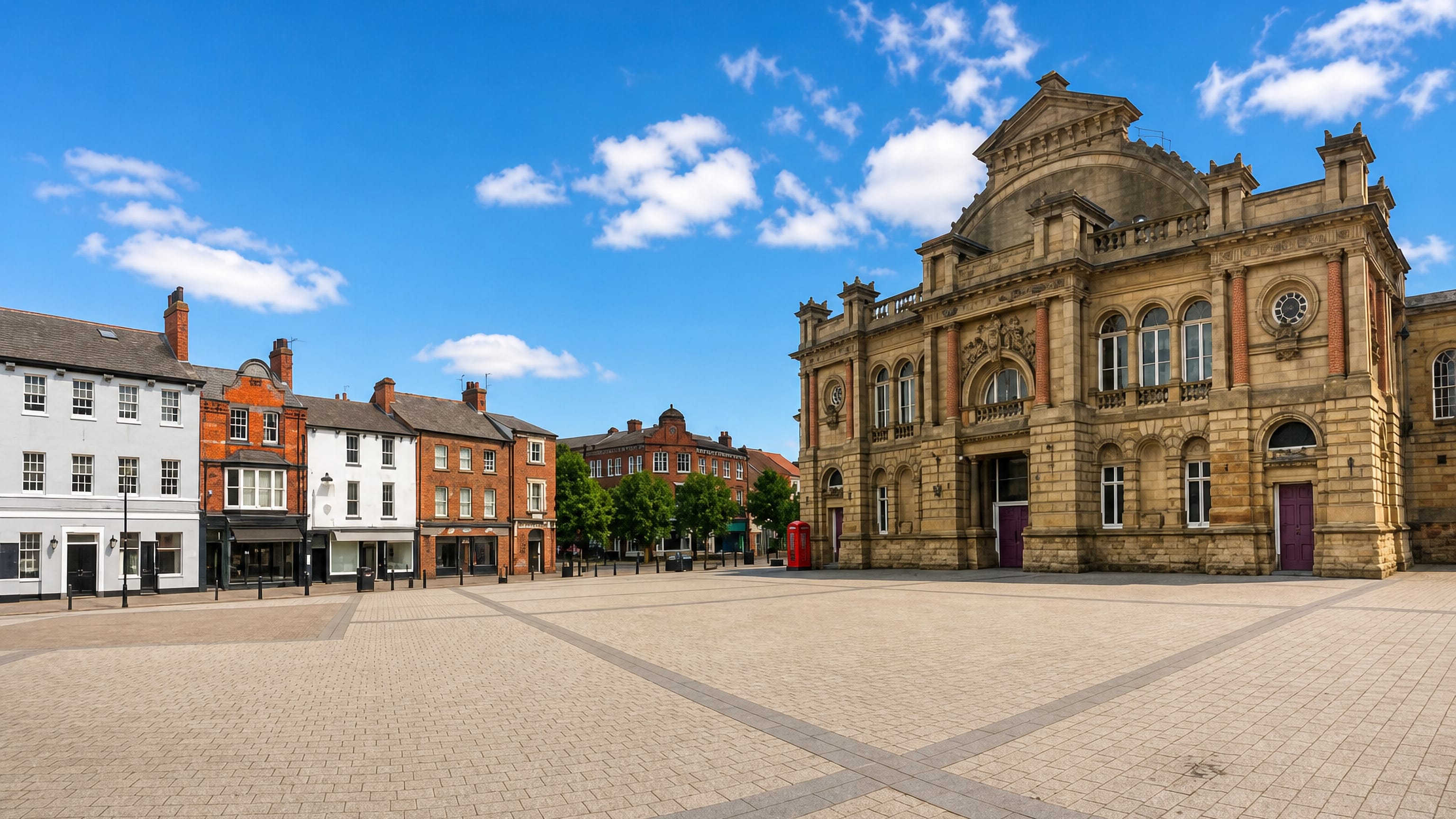 Sunlit market square in Doncaster, England, with a Victorian stone civic hall and Georgian brick shopfronts.