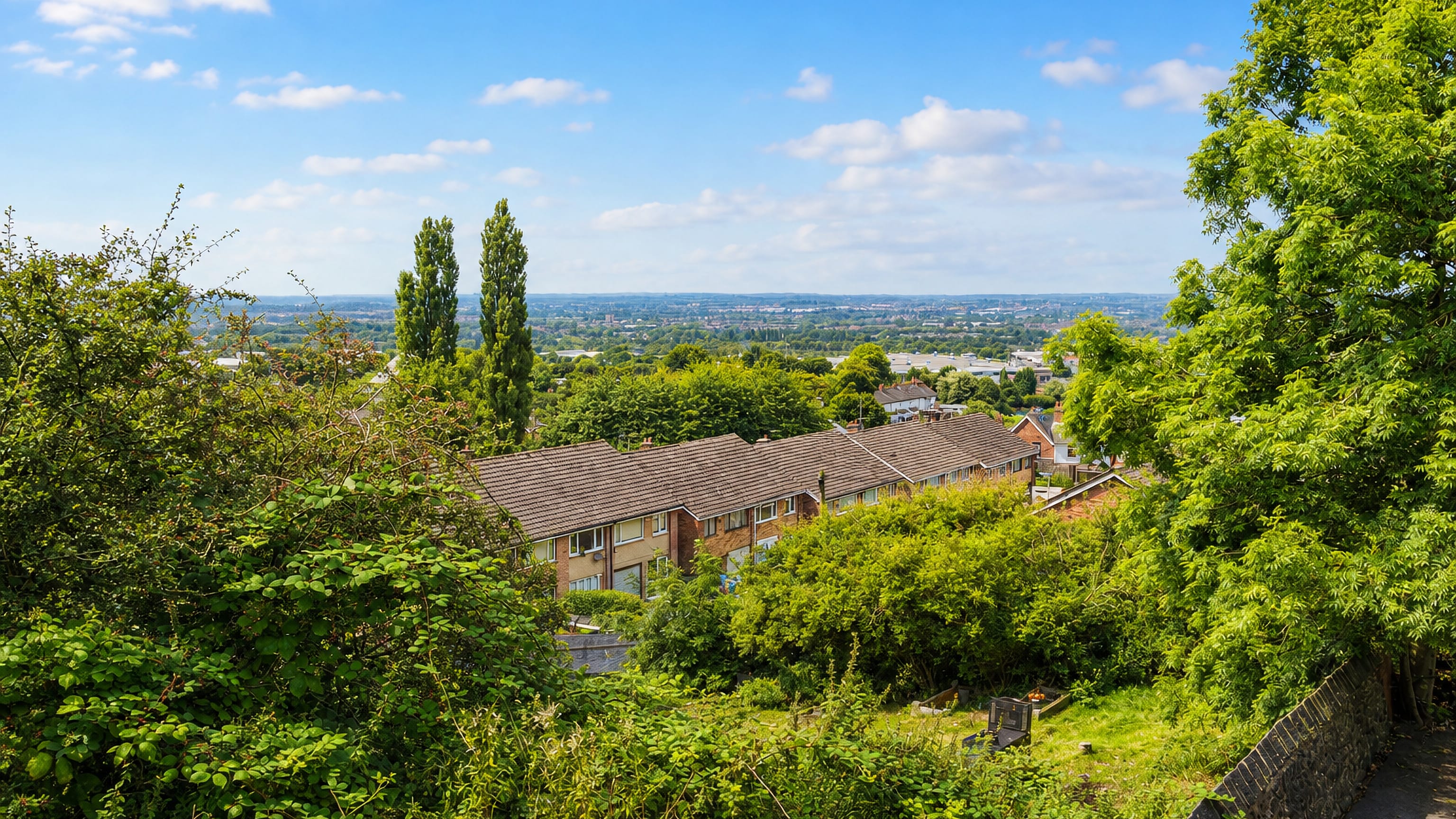 Brick houses on Kates Hill, Dudley, framed by summer greenery above a hazy Black Country plain.