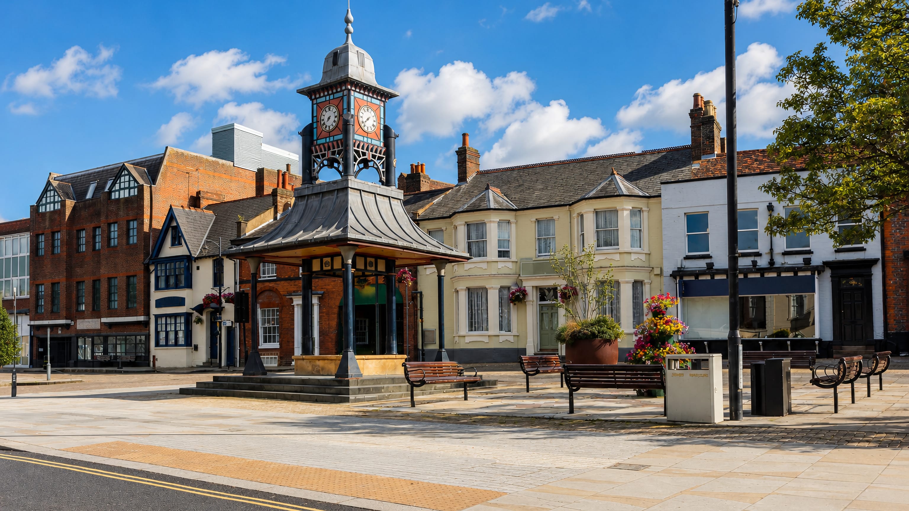 Victorian clock tower and canopy on the paved market square of Dunstable, Bedfordshire, England.