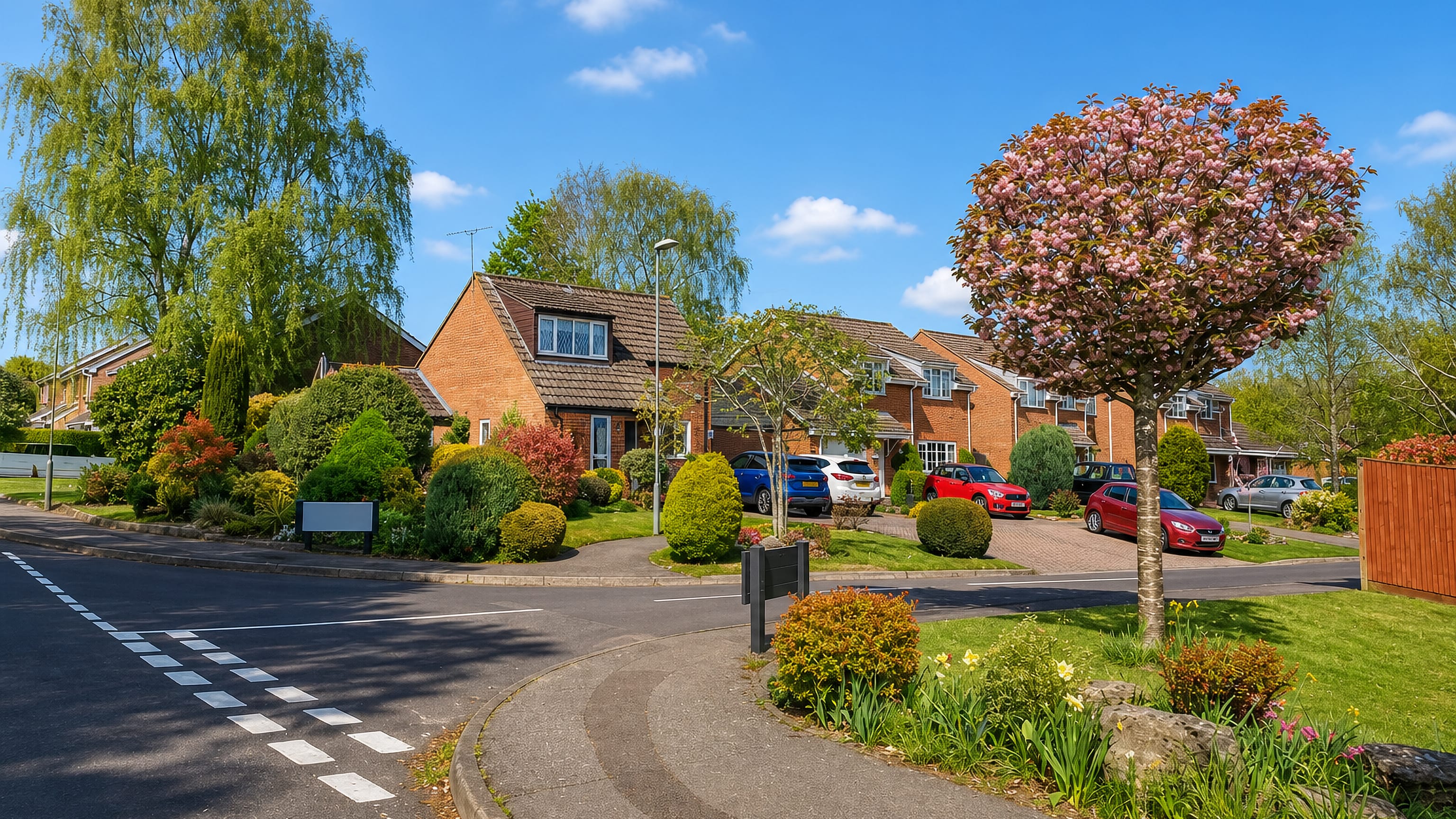 Cherry blossom and trimmed shrubs along a modern housing estate street in Boyatt Wood, Eastleigh.