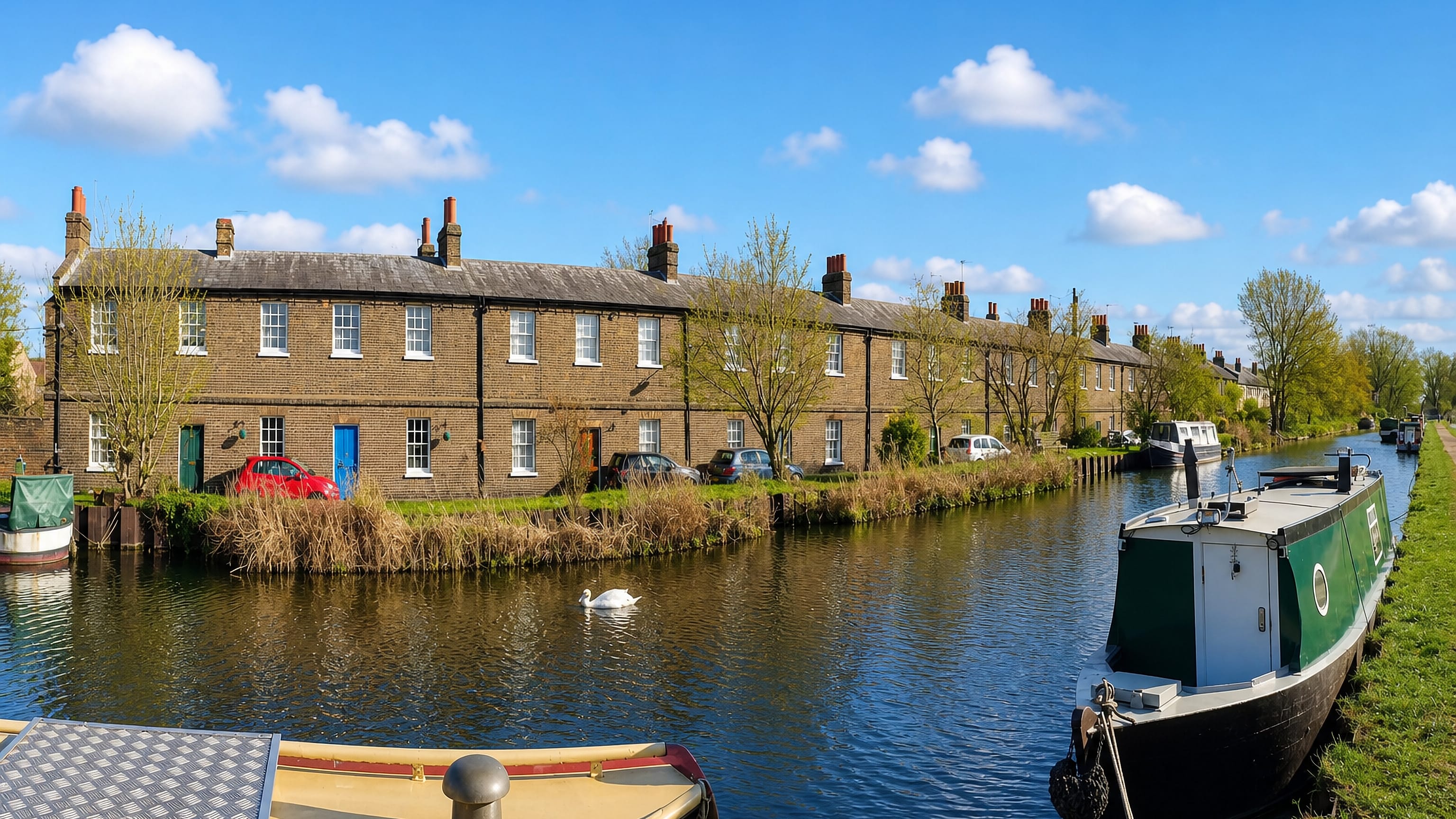 Narrowboats moored on the Lee Navigation beside a brick terrace at Enfield, north London.