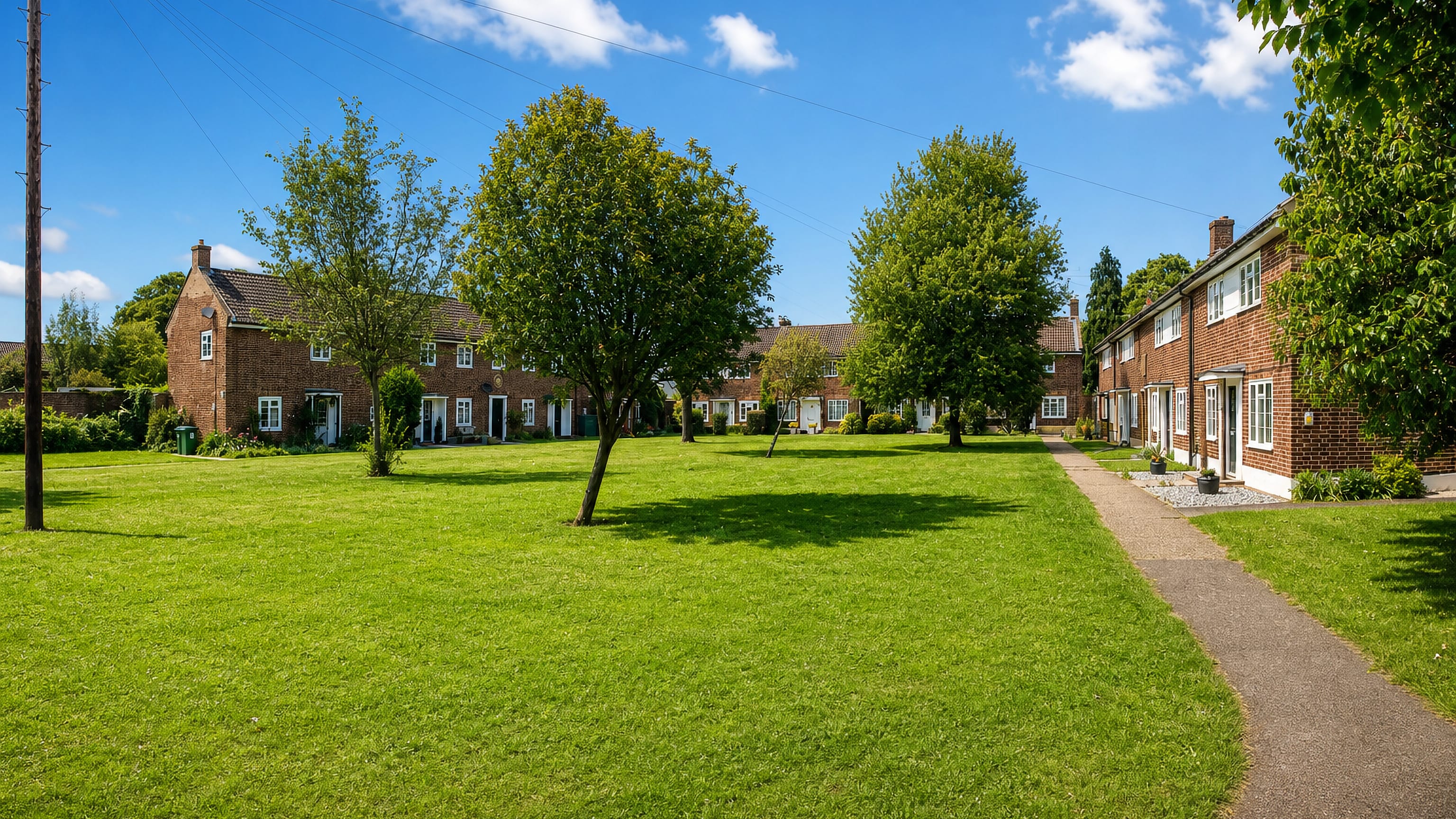 Lower Green in Esher, with red-brick terraced houses and mature trees framing a wide communal lawn.