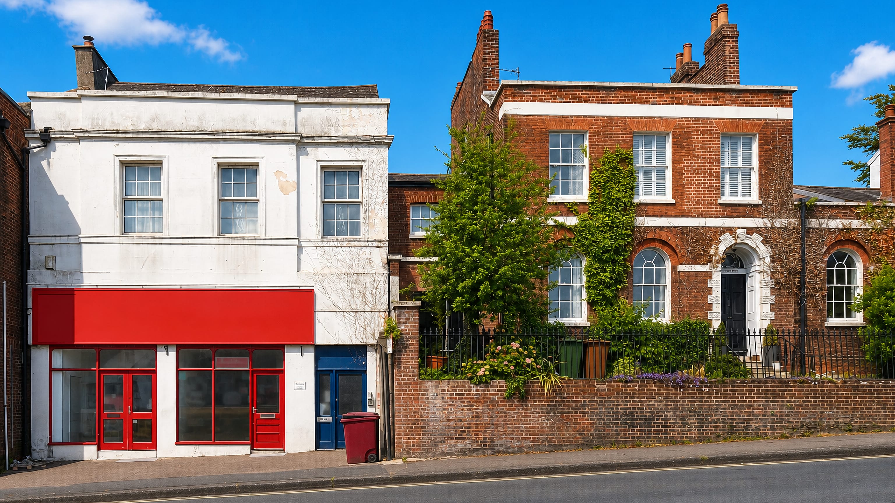 Red-fronted corner shop beside a Georgian brick house on a street in Heavitree, Exeter.
