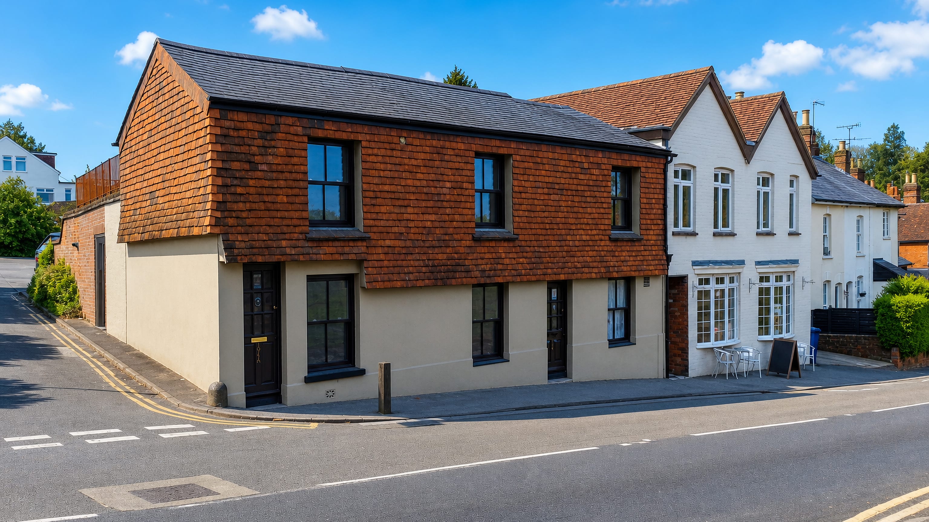 Tile-hung corner cottage and white gabled houses on a village street in Hale, Farnborough.