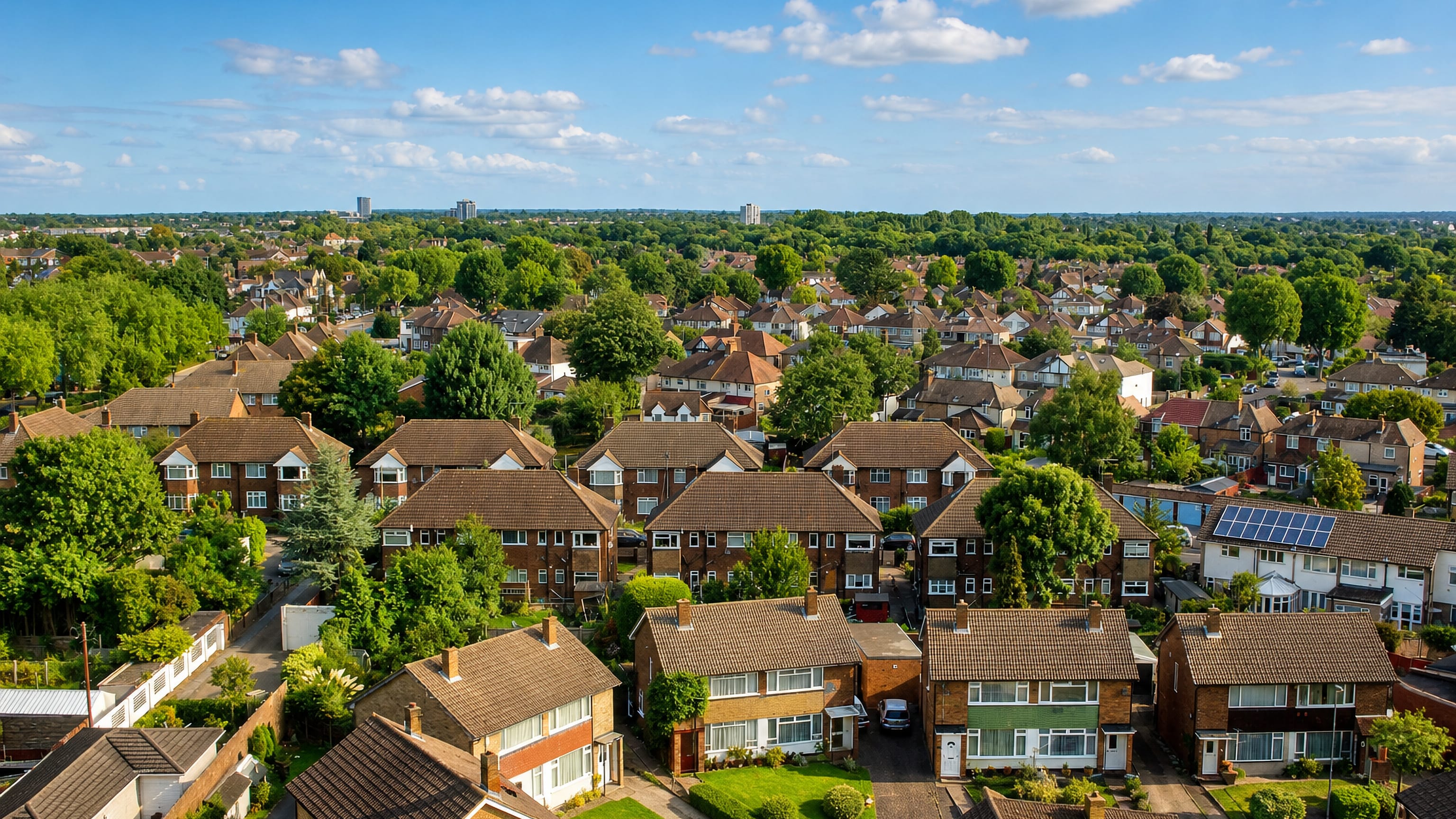 Aerial view of Feltham's brick semi-detached houses and leafy suburban streets in west London