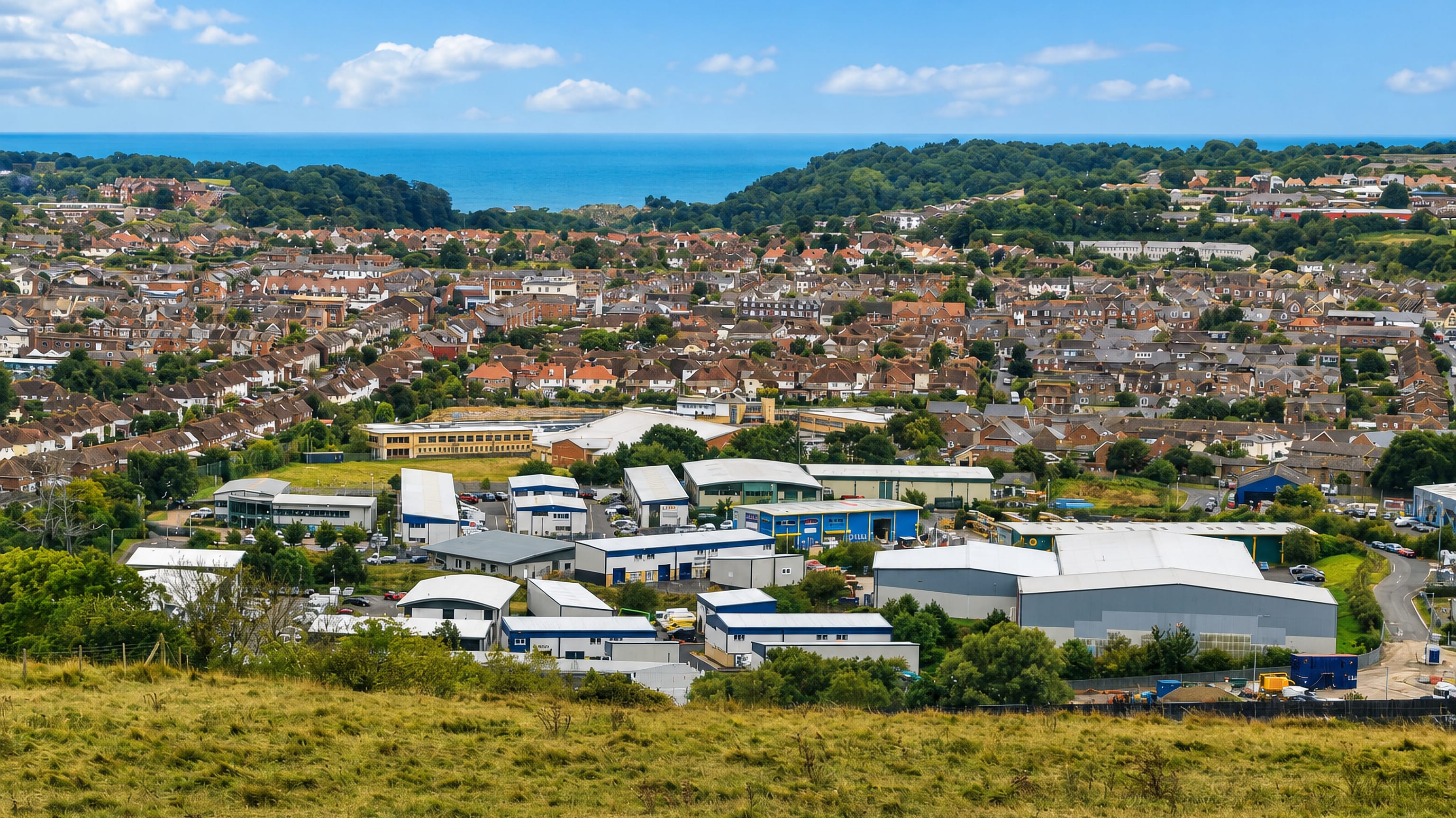 Cheriton's rooftops and business park below the North Downs, with the English Channel on the horizon at Folkestone.