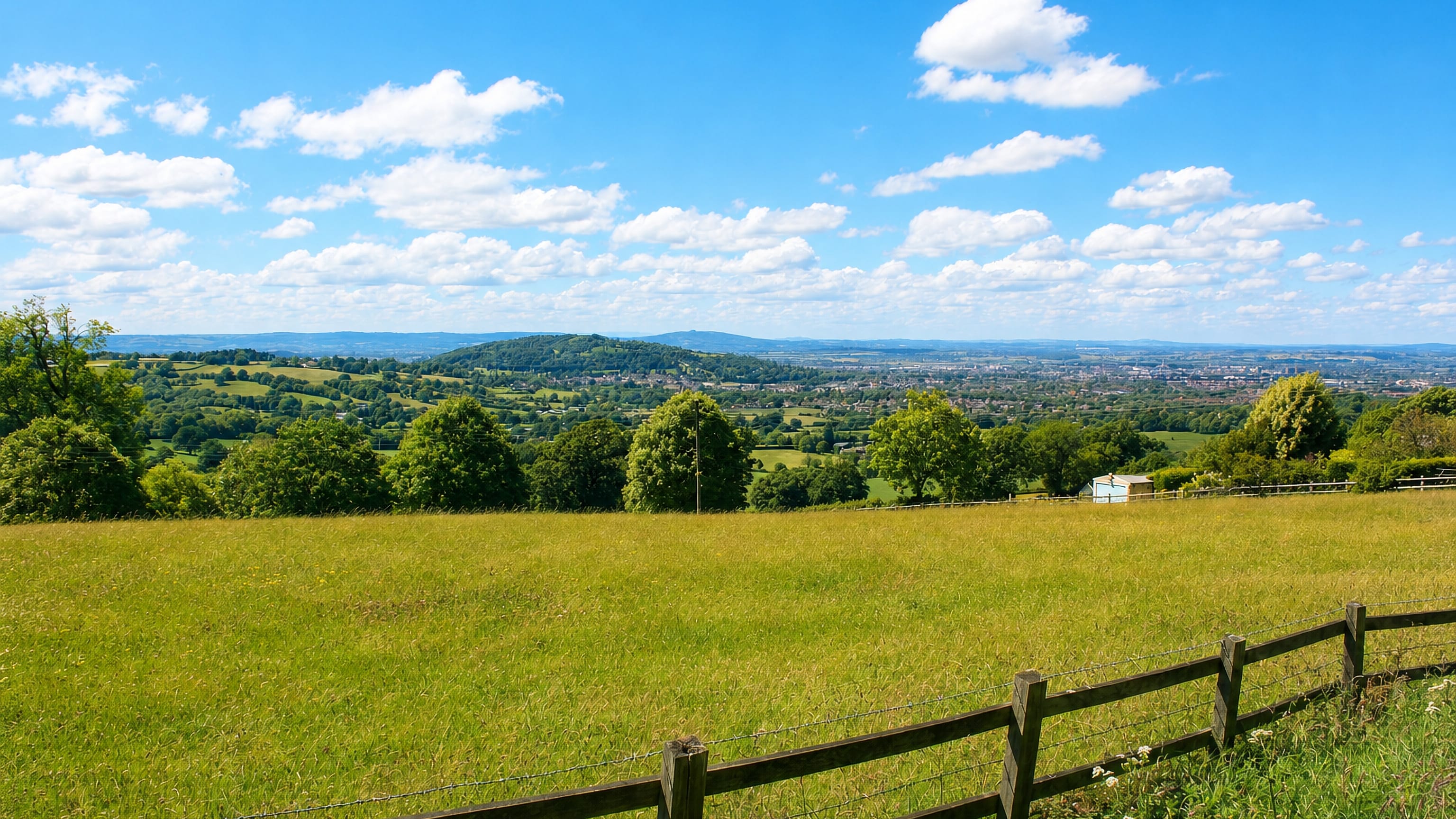 Sunlit meadow on Robinswood Hill above Gloucester, looking over the Severn Vale to distant rooftops.