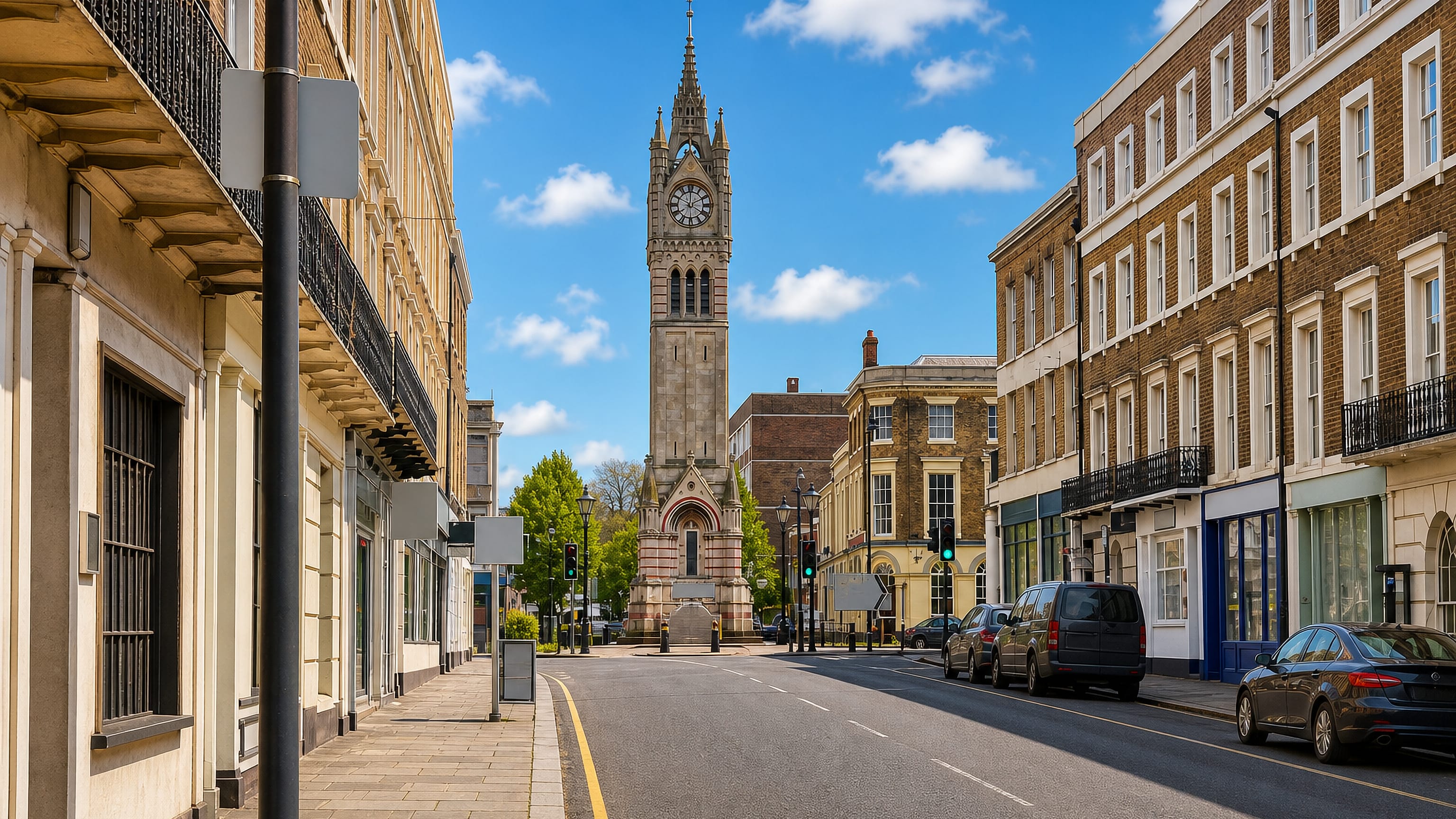 Gravesend's Victorian clock tower closing a Regency terraced street in Kent