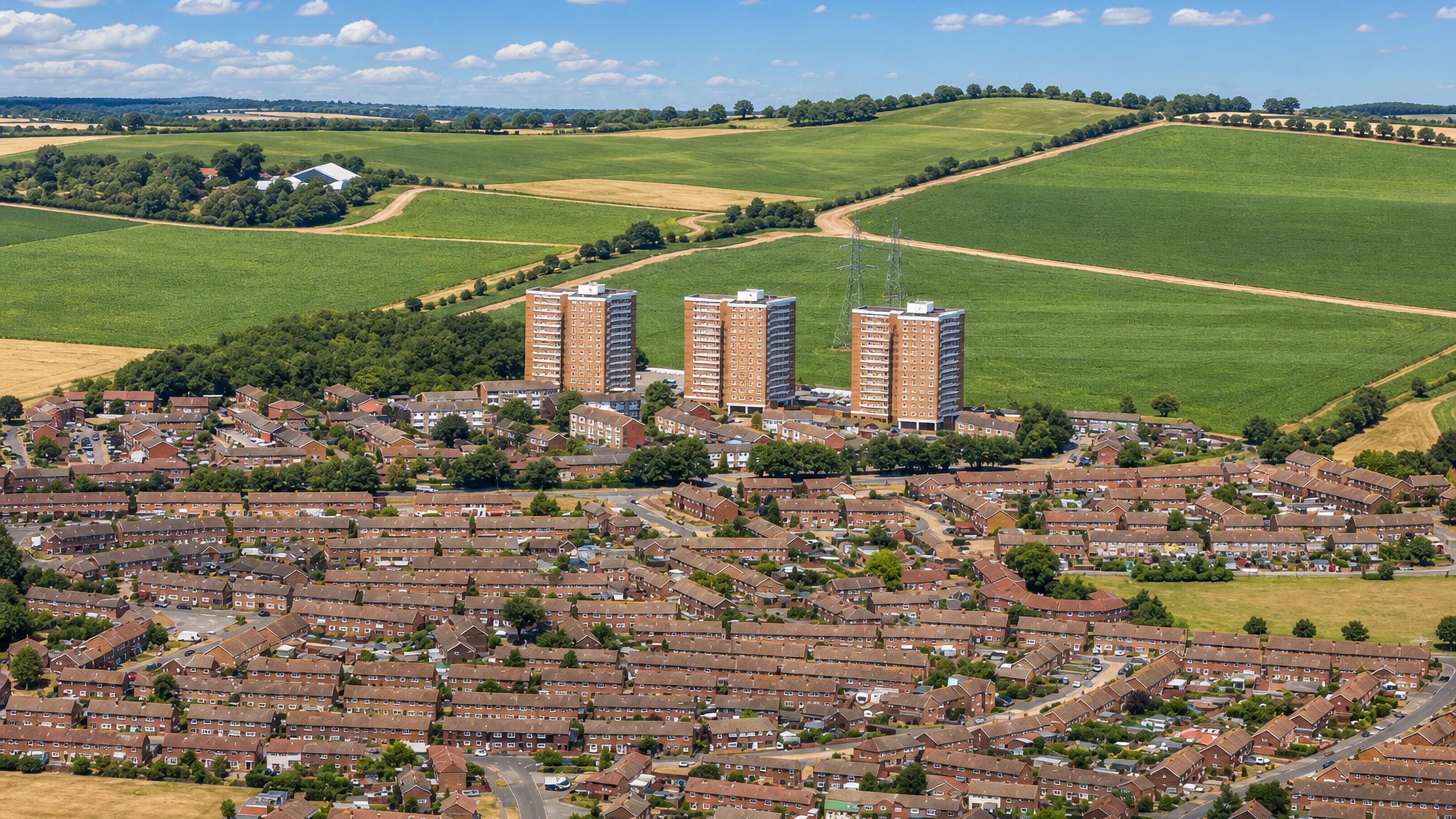 Chadwell St Mary's terraced housing and three tower blocks on the edge of Essex farmland.