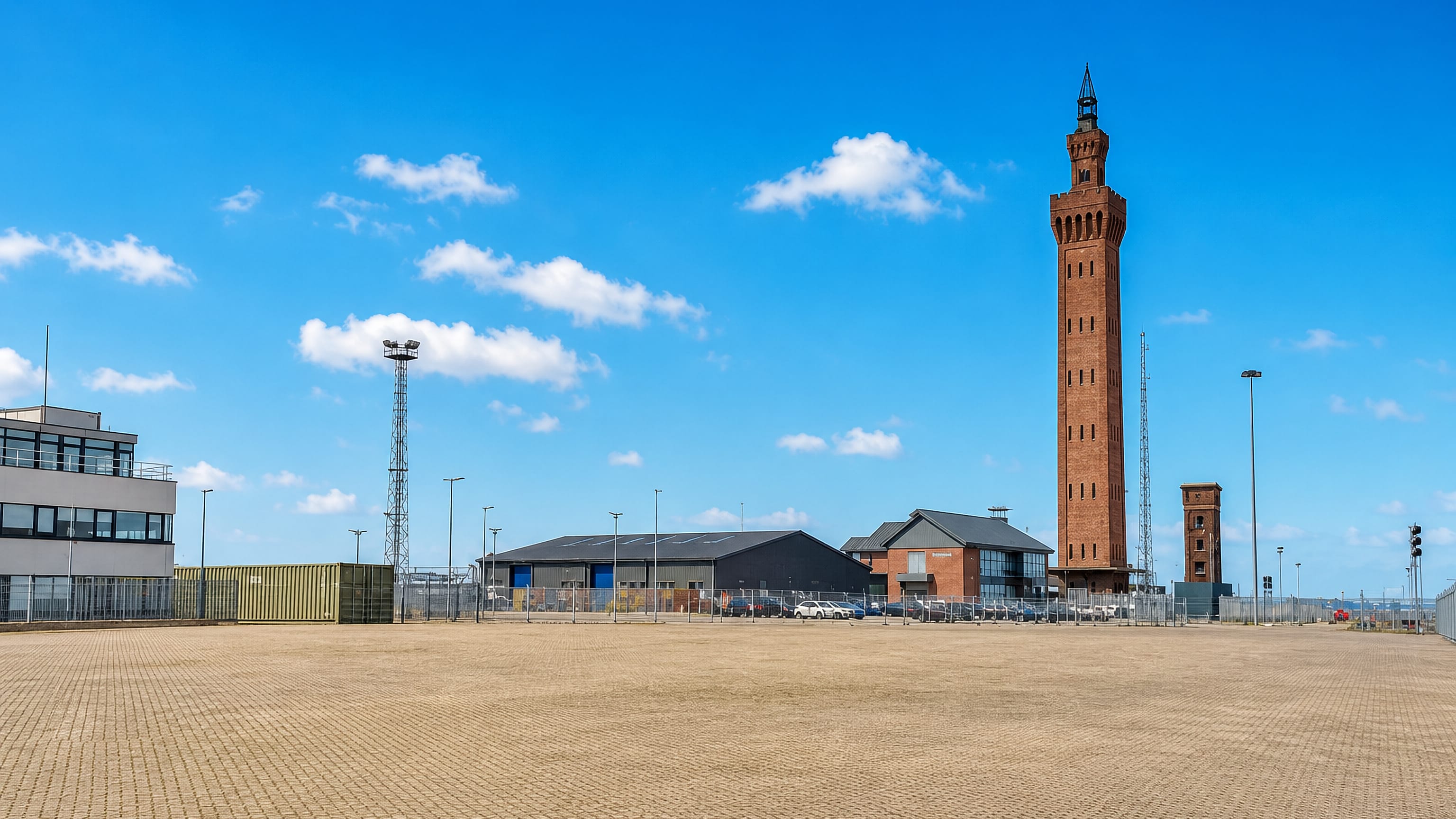 Grimsby's red-brick Victorian Dock Tower rising above the dock sheds and quayside under a blue summer sky