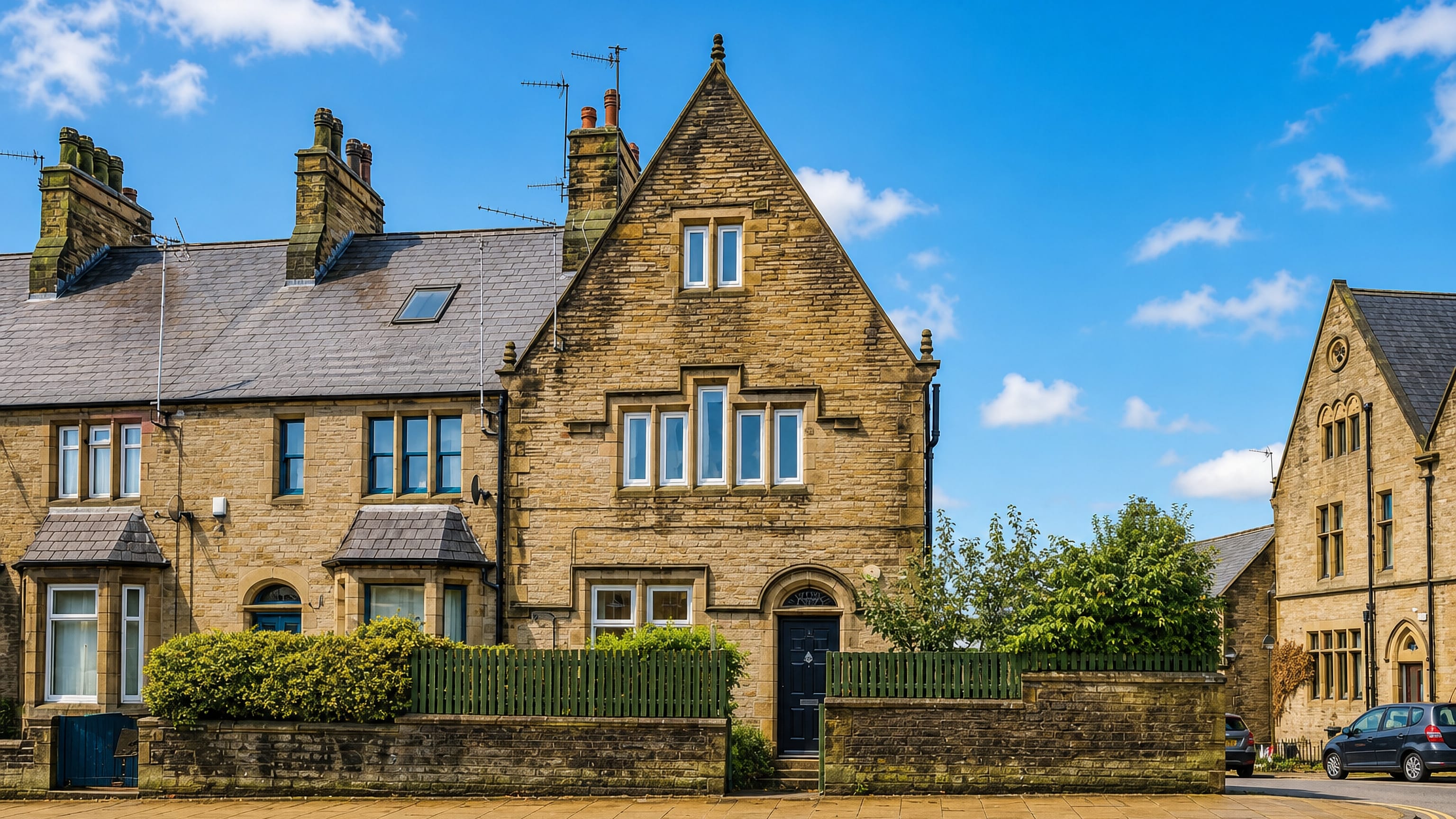 Yorkshire stone terraced houses with gabled fronts and slate roofs in Akroydon, Halifax.