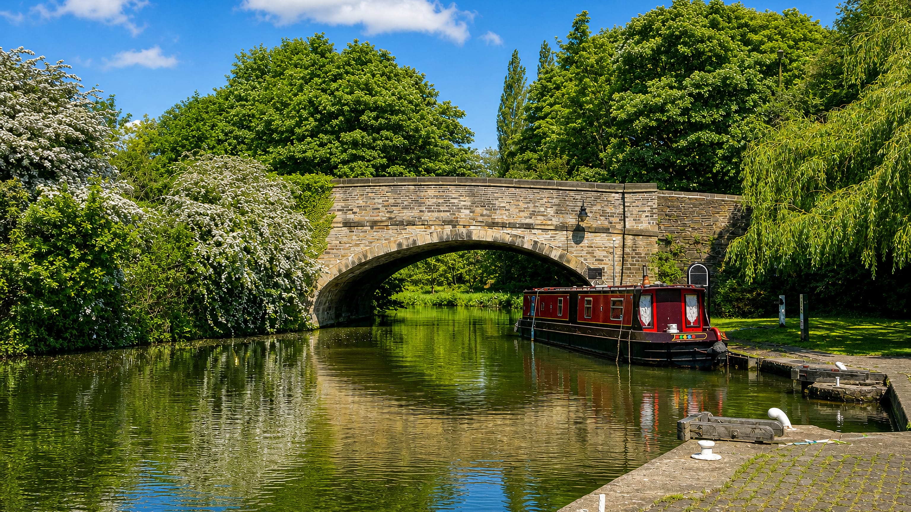 Stone arch bridge and red narrowboat on the canal at Salterhebble, Halifax.