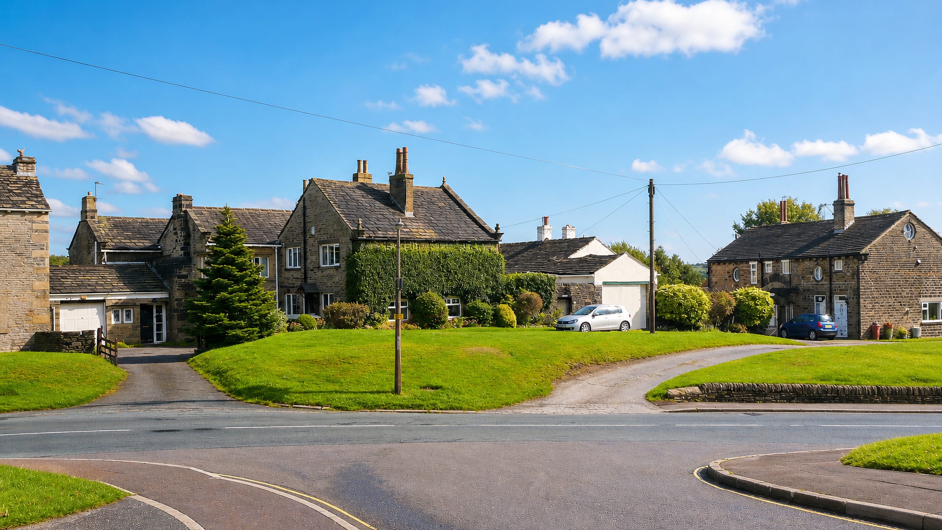 Gritstone cottages around a grassy green at a road junction in Skircoat Green, Halifax