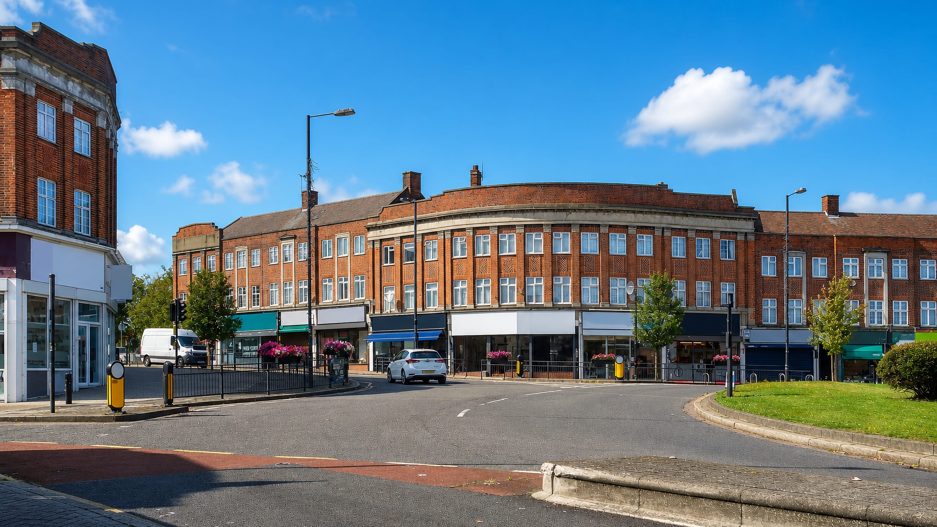 Curved 1930s red-brick shopping parade beside the roundabout at Belmont, Harrow.