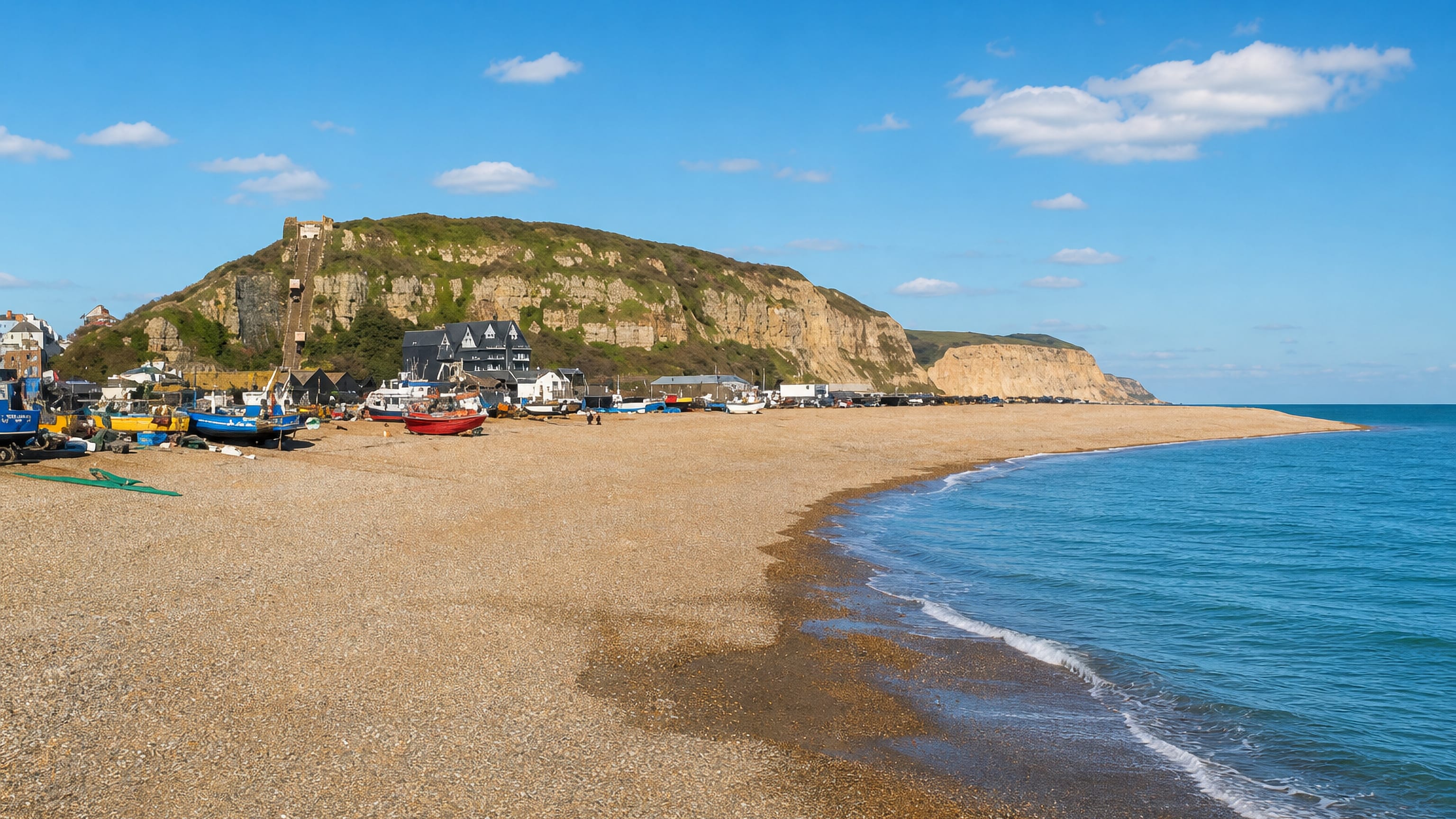 Fishing boats on the Stade shingle beach at Hastings below East Hill and its cliff railway.
