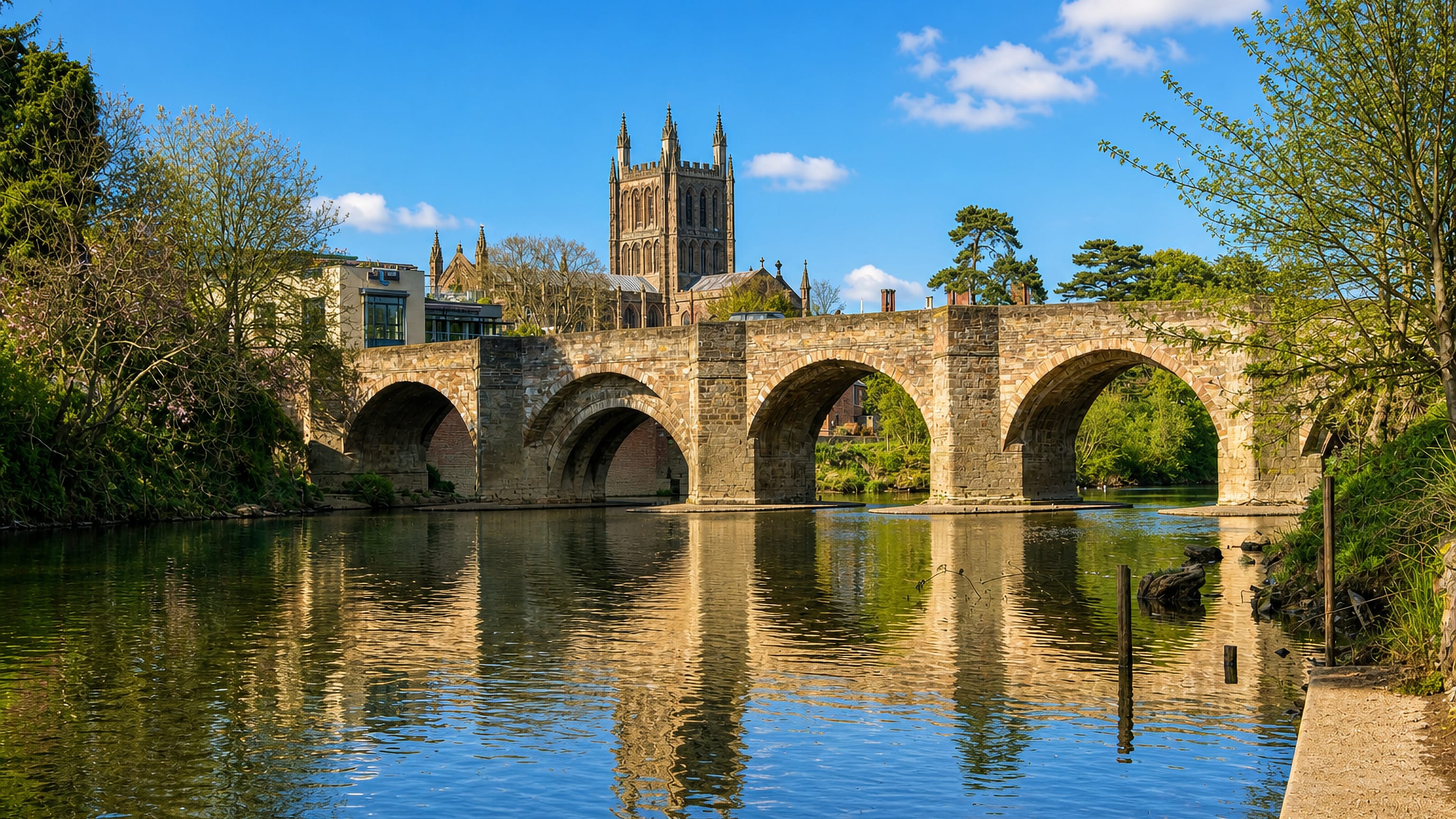 Hereford Cathedral's tower rising beyond the medieval Wye Bridge and the River Wye on a clear spring day