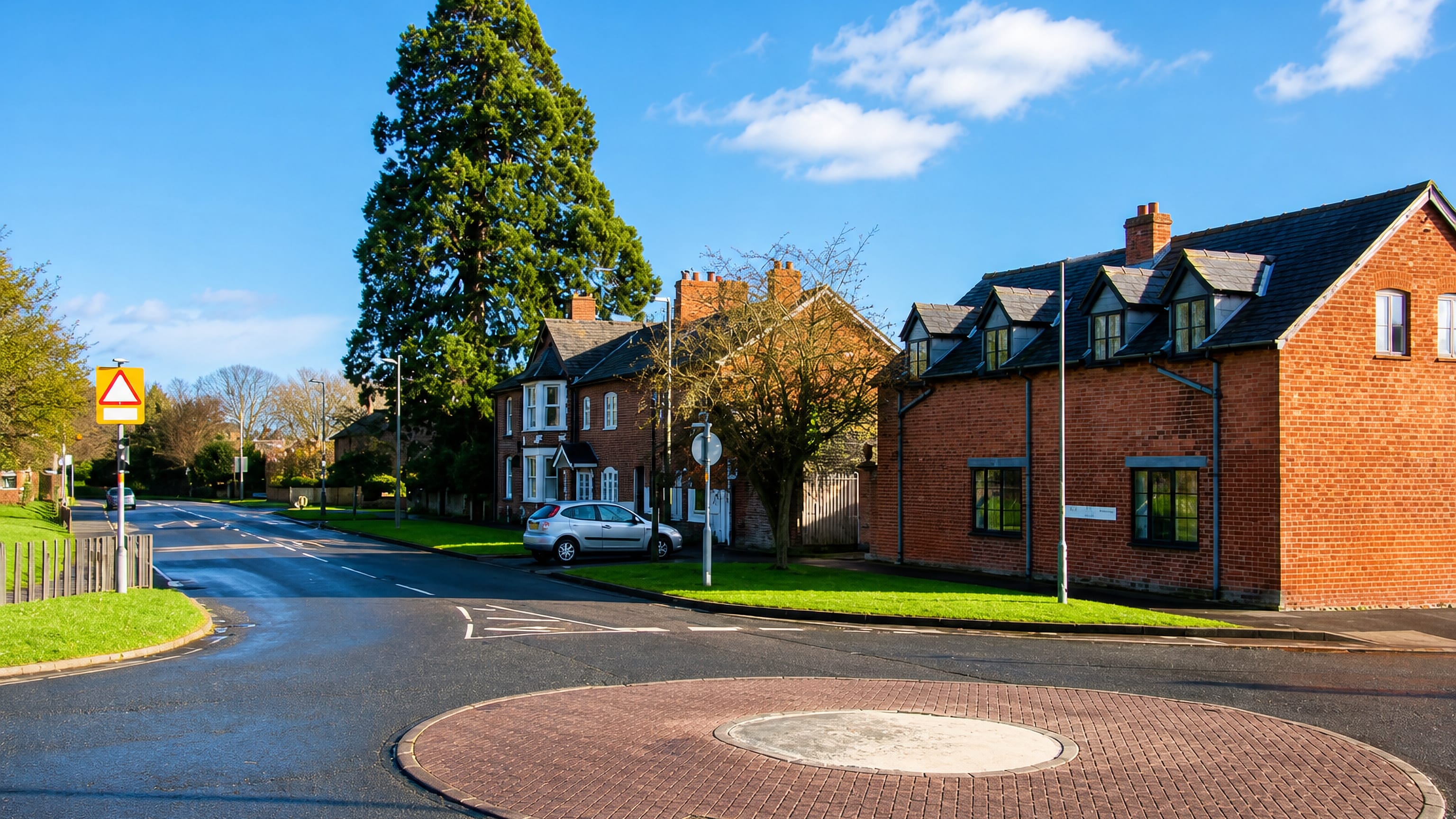 Brick-paved mini-roundabout and red-brick houses along a leafy suburban road in Tupsley, Hereford.