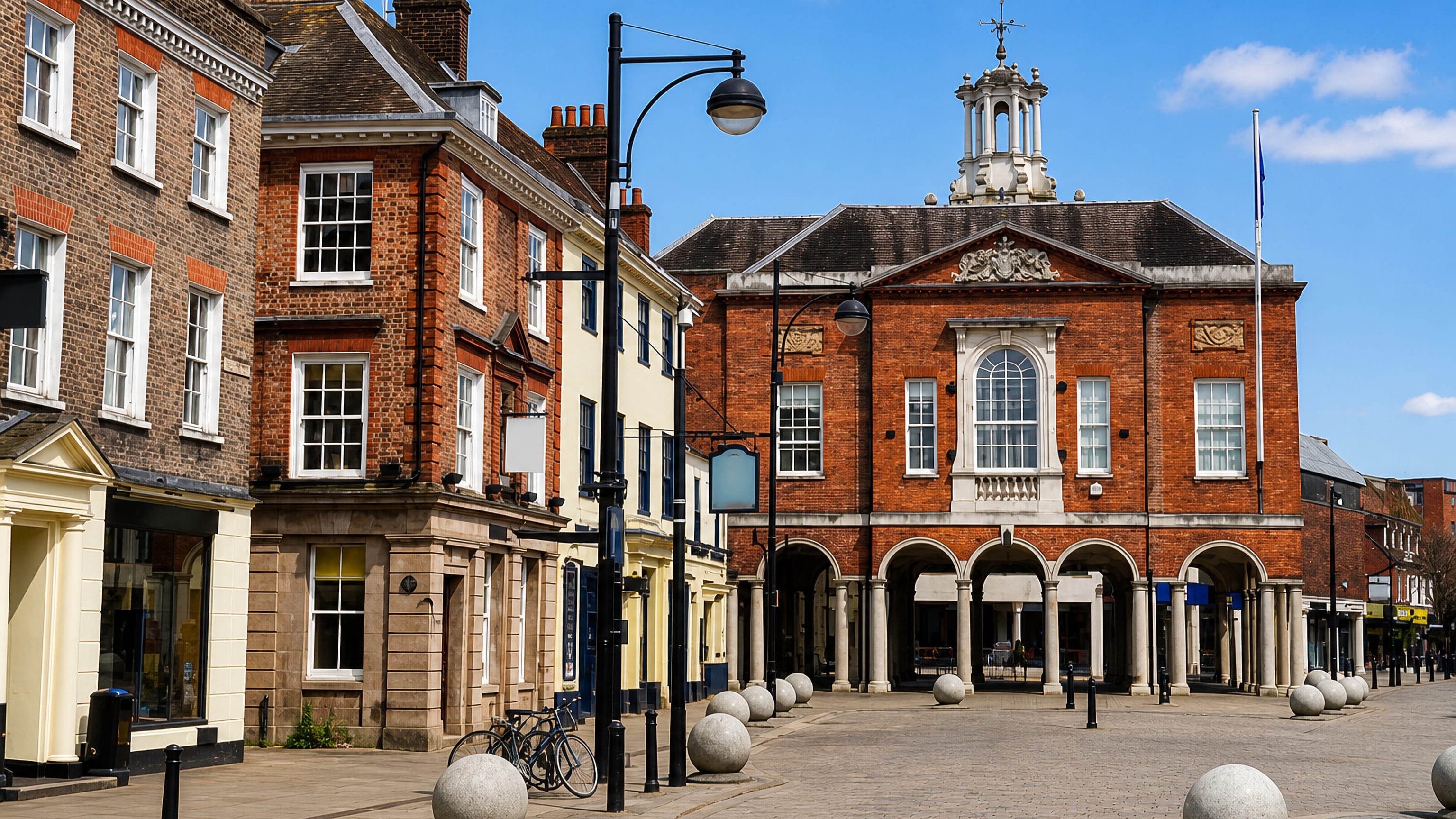 High Wycombe's red-brick Georgian Guildhall with its arcaded ground floor on the High Street square