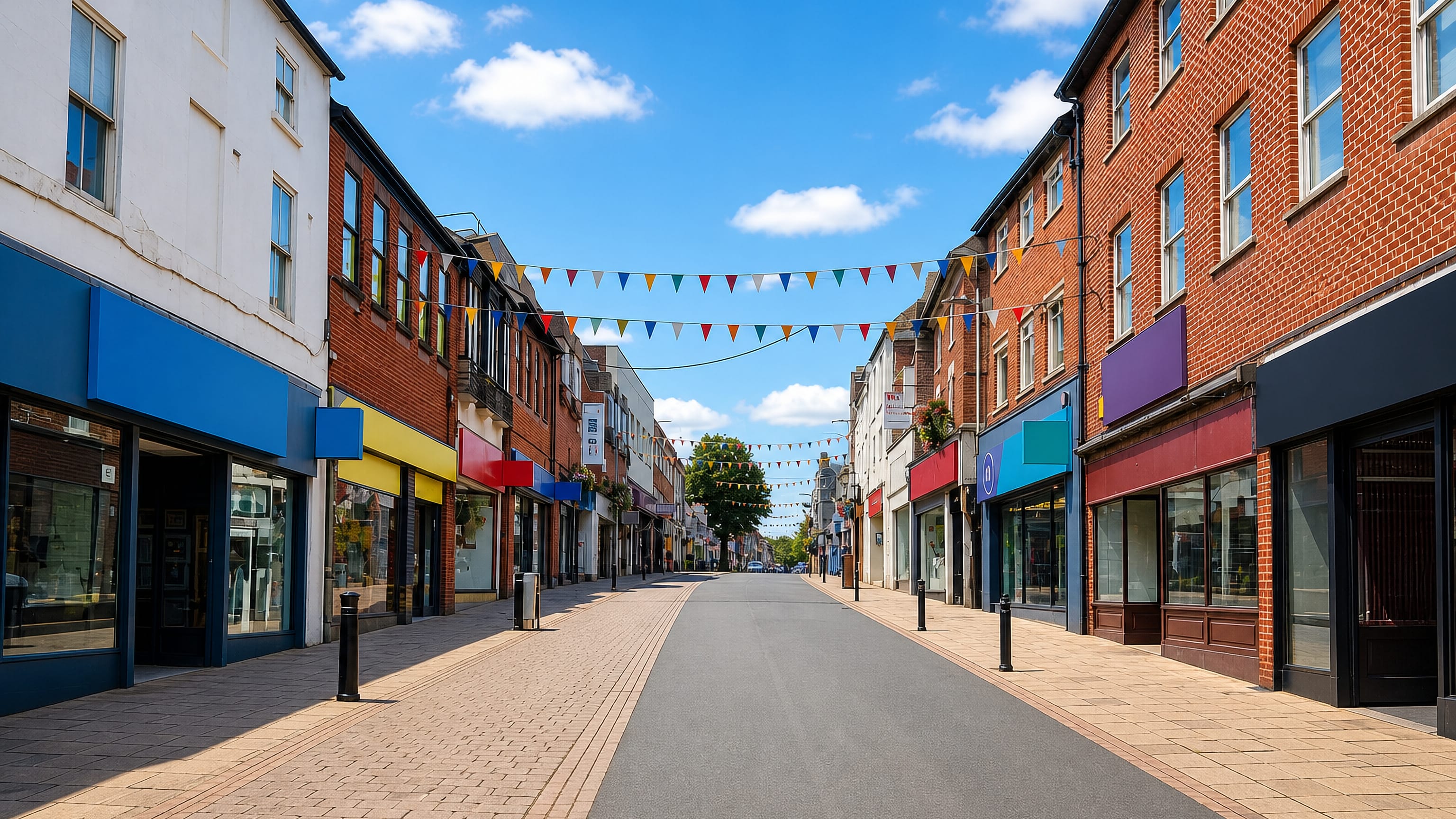Bunting strung above the pedestrianised brick-and-painted shopping street in Hinckley, Leicestershire