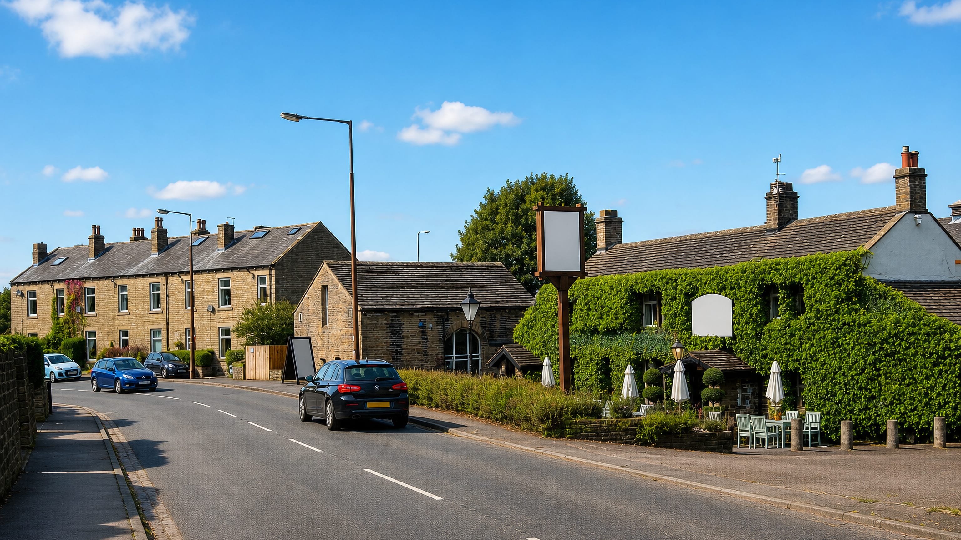 Yorkshire stone terraces and an ivy-clad roadside pub at Ainley Top above Huddersfield