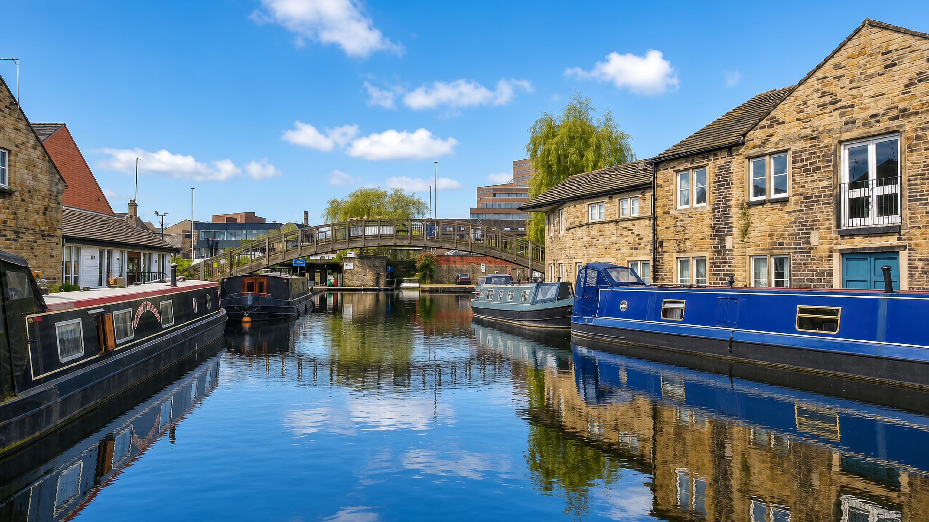 Narrowboats moored at the canal basin beside stone mill buildings in Aspley, Huddersfield.