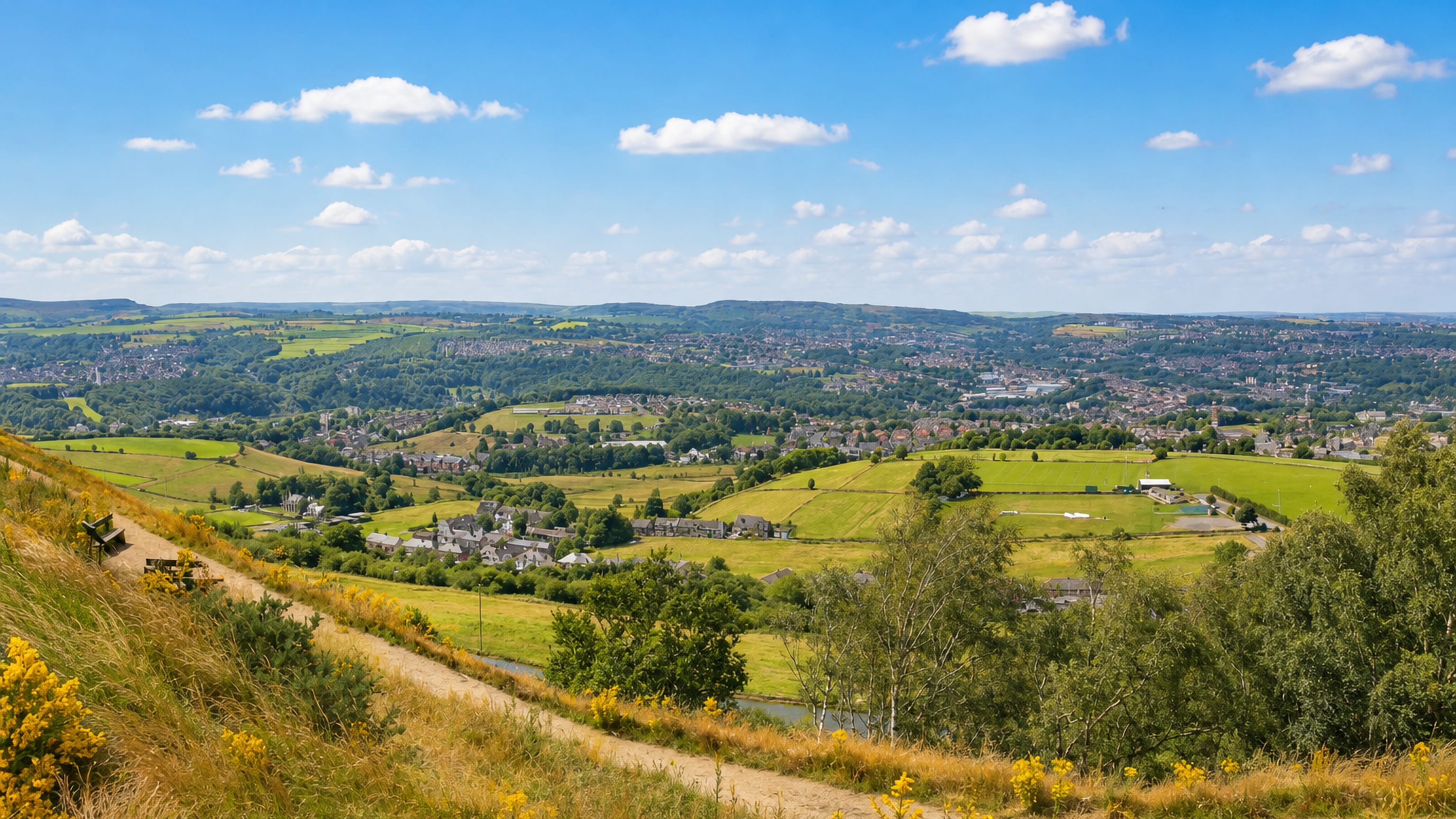 Hillside path above the valley with Huddersfield spread out beyond, seen from Newsome.