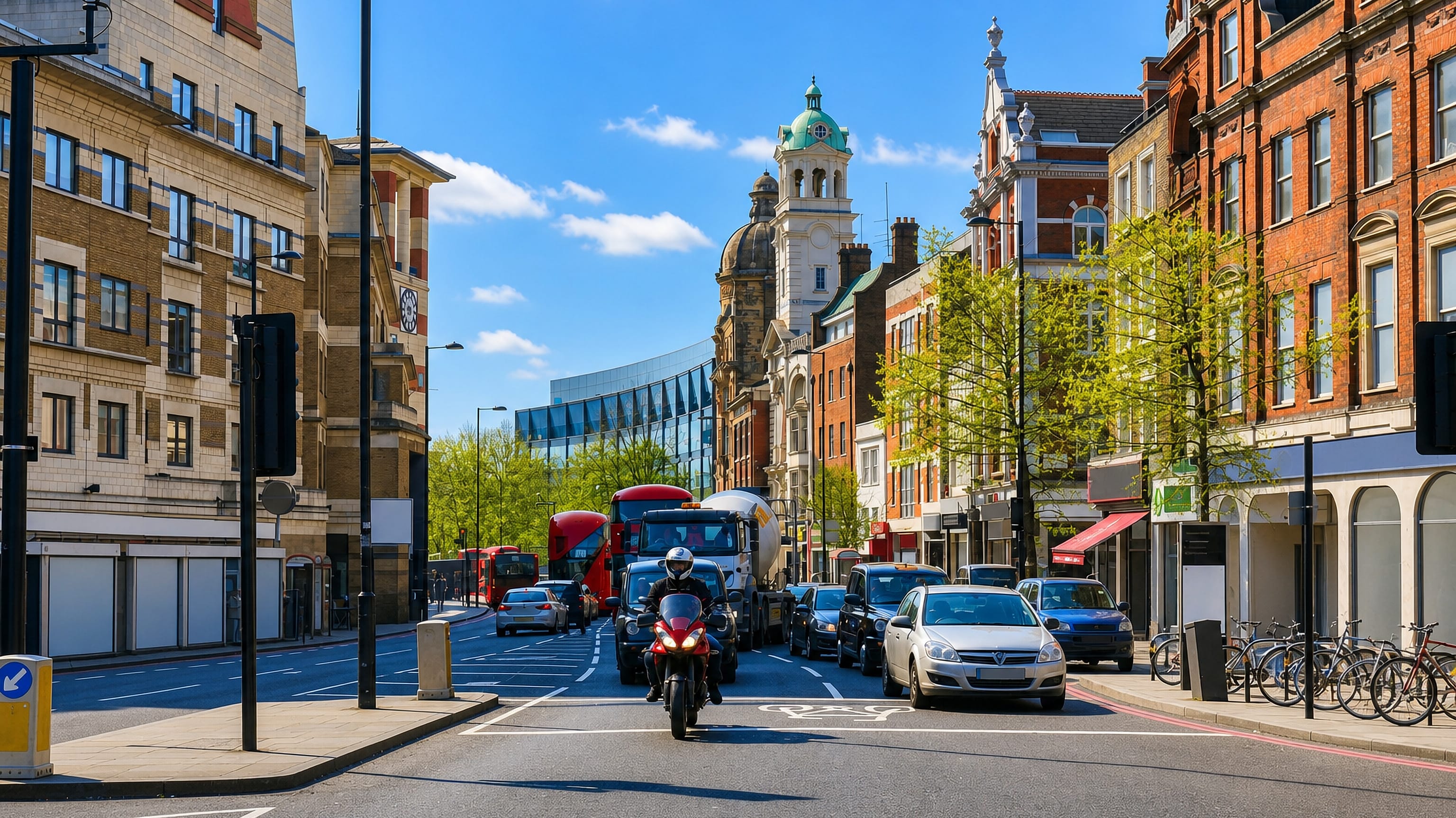 Victorian terraces, shops and a red double-decker bus on a busy Islington street in north London.