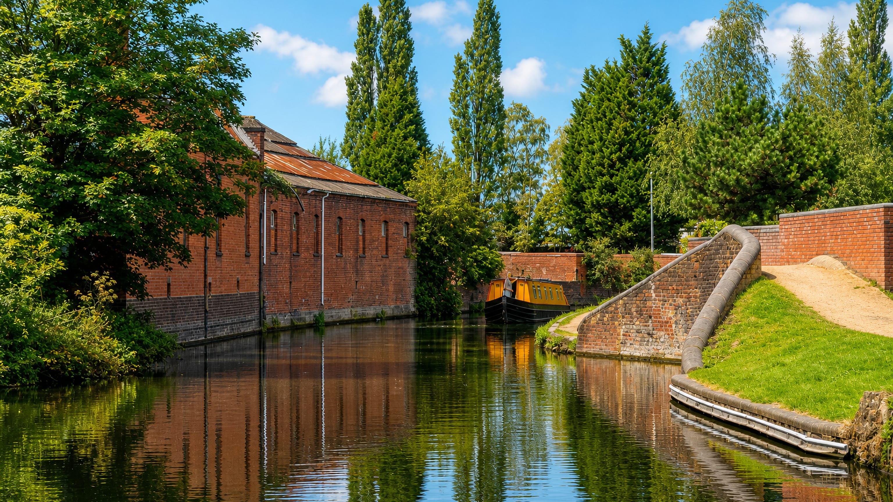 A narrowboat on the canal beside a red-brick mill and towpath bridge in Kidderminster, England.