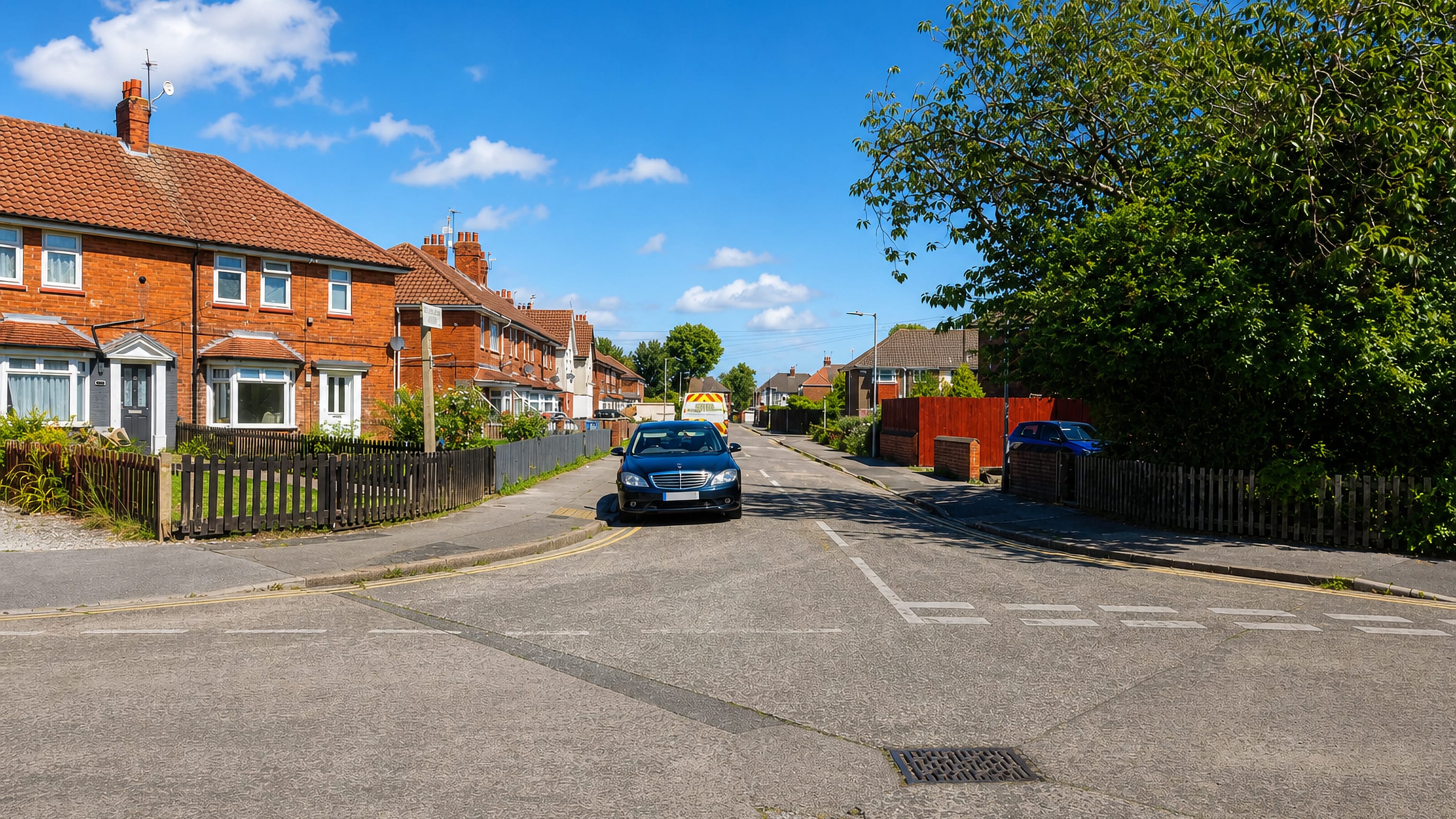 Interwar red-brick semi-detached houses along a sunlit residential junction in East Ella, Hull.