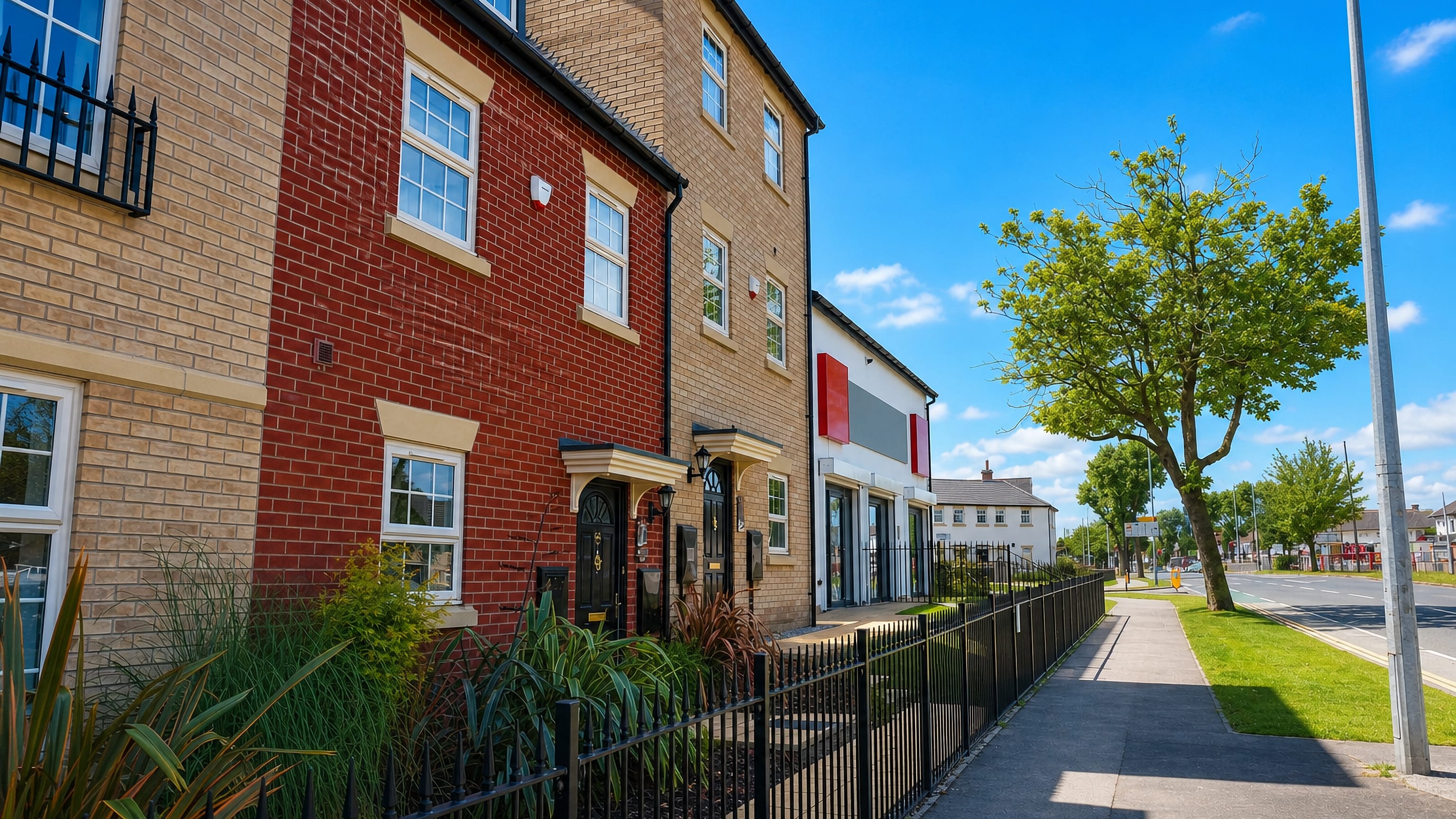 Modern red and buff brick terraced houses along a sunlit residential road in Gipsyville, Hull.