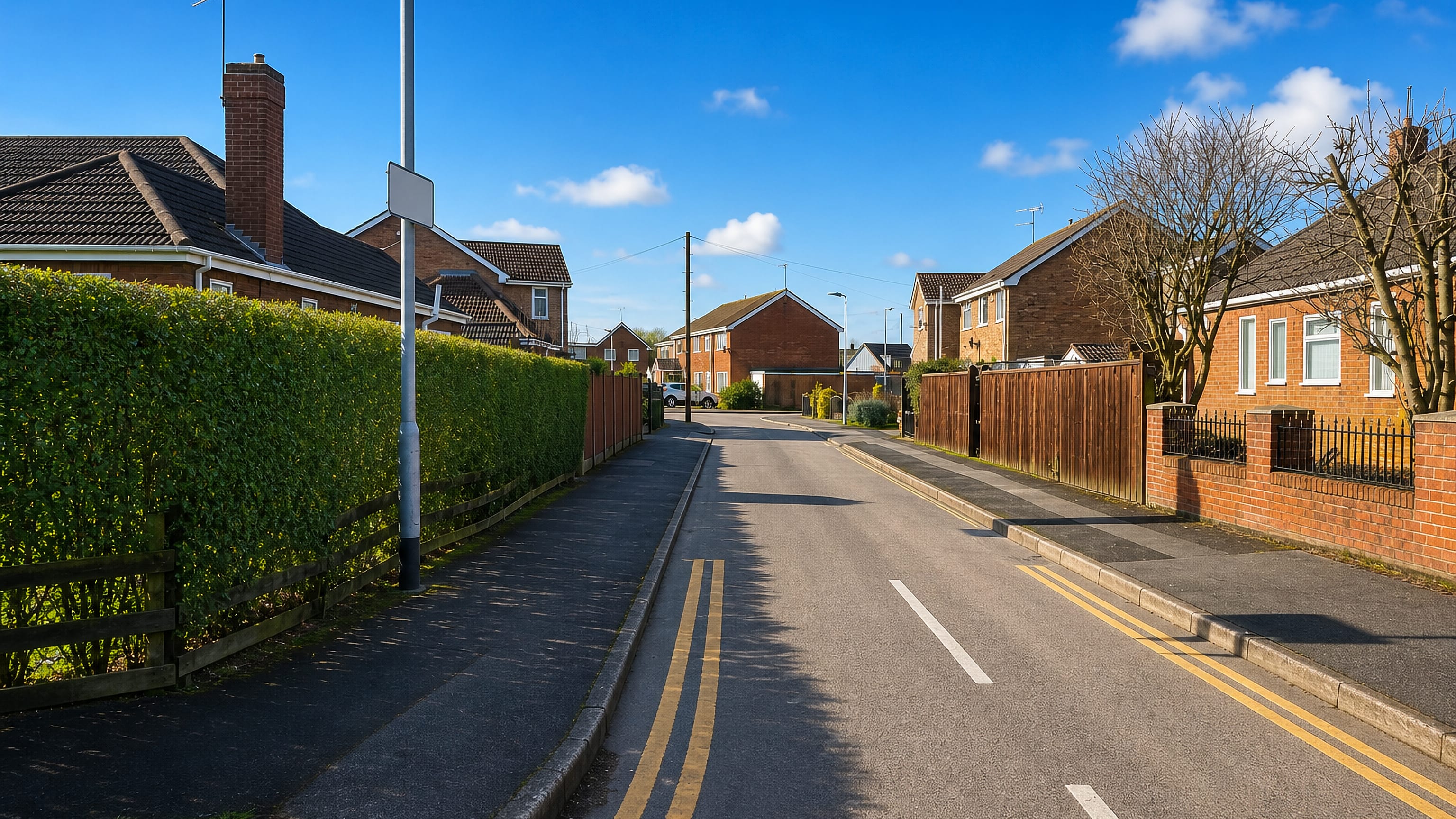 Suburban street of brick houses and clipped hedges in Sutton Ings, east Kingston upon Hull.